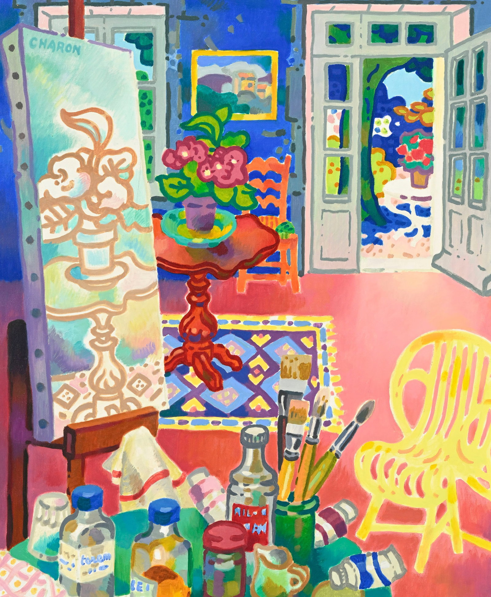Guy Charon (1927-2021), "Près du chevalet", huile sur toile, signée, 73,5x60,5 cm: Guy Charon (1927-2021), "Près du chevalet", huile sur toile, signée, 73,5x60,5 cm