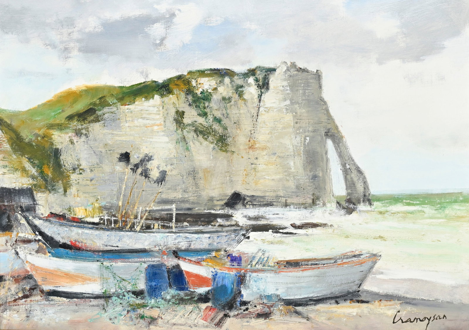 Marcel Cramoysan (1915-2007), "Marine à Etretat", huile sur toile, signée, contresigné: Marcel Cramoysan (1915-2007), "Marine à Etretat", huile sur toile, signée, contresignée, titrée et dédicacée au verso, 33,5x46 cm