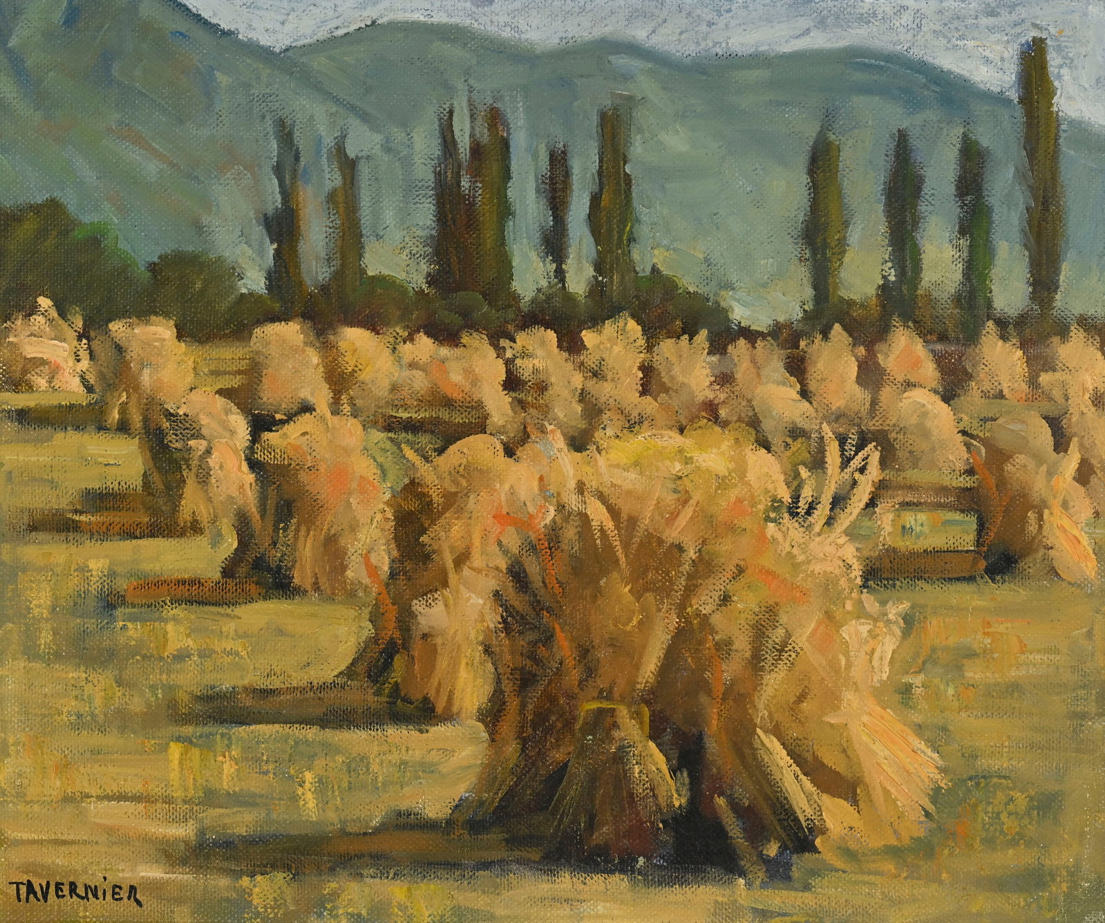Ecole française du XXe s., Bottes de foin, huile sur isorel, signée "Tavernier", 49x58,5 c: Ecole française du XXe s., Bottes de foin, huile sur isorel, signée "Tavernier", 49x58,5 cm (à vue)
