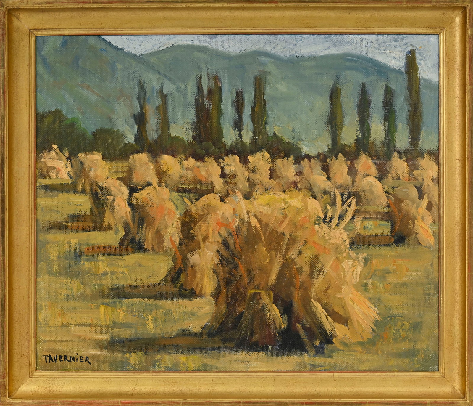 Ecole française du XXe s., Bottes de foin, huile sur isorel, signée "Tavernier", 49x58,5 c - 2