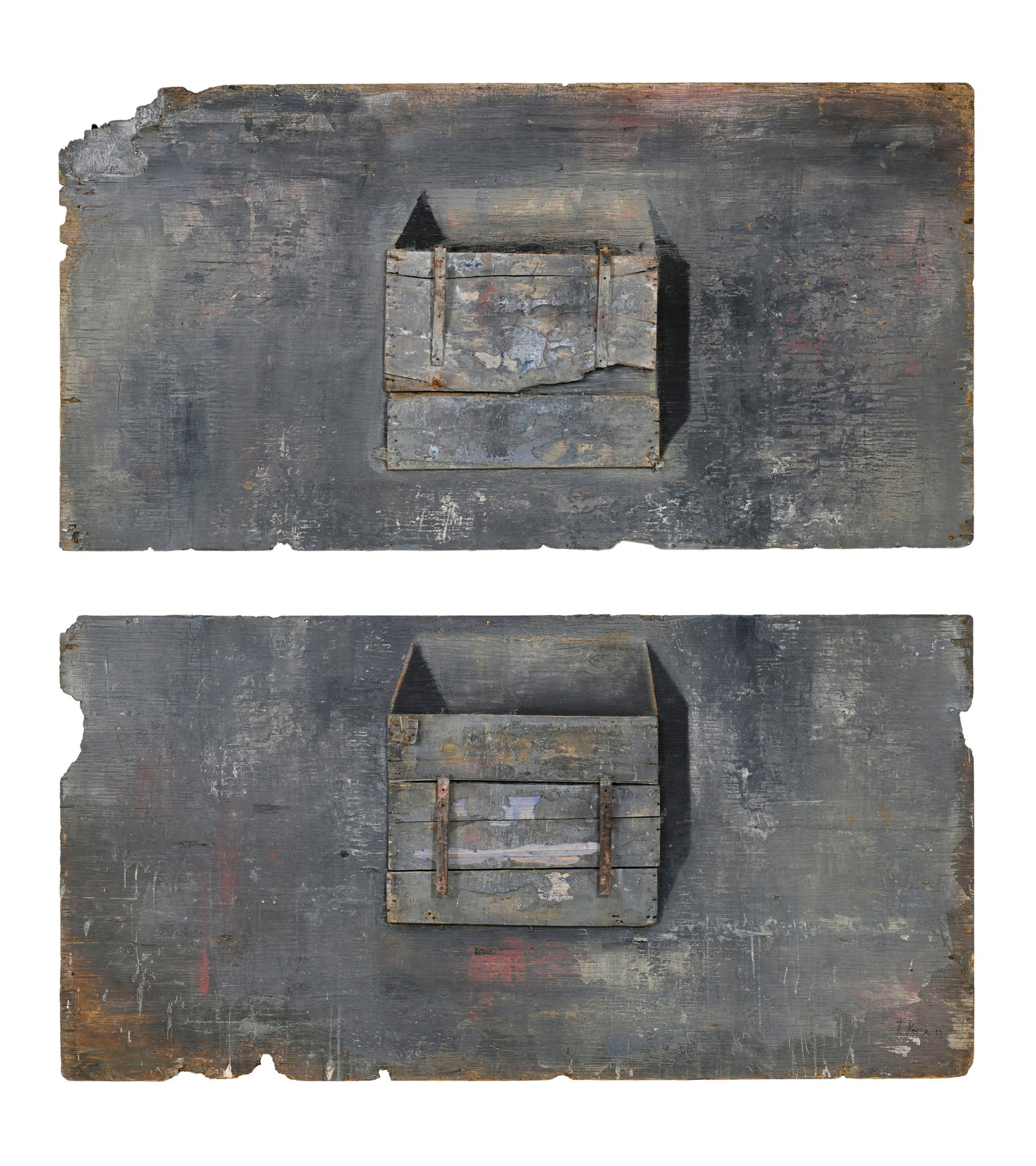 Yuri Leonidovich Kuper (1940), "Boîtes métalliques", 1993, diptyque, technique mixte et co: Yuri Leonidovich Kuper (1940), "Boîtes métalliques", 1993, diptyque, technique mixte et collage sur bois, signé et daté,122,5x239 cm (chaque)