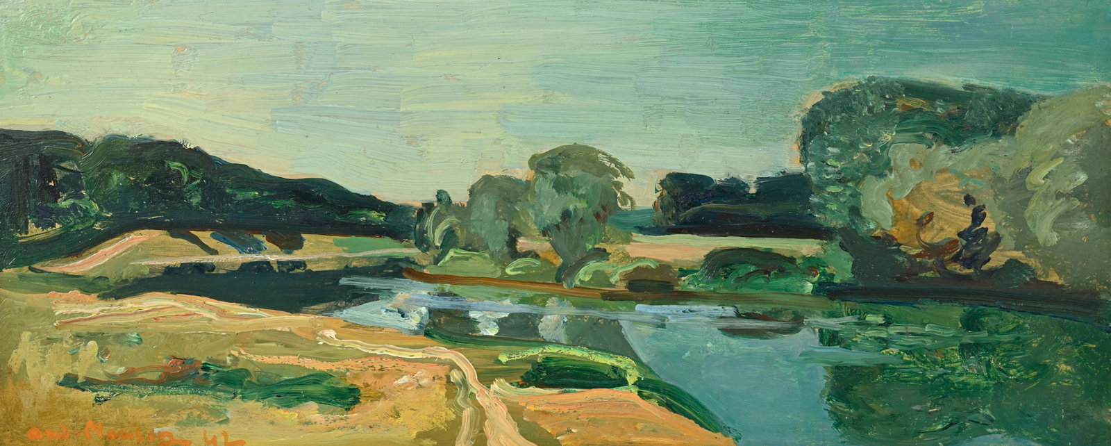 André Planson (1898-1981), "Marne verte", 1942, huile sur carton, signée et datée, 23: André Planson (1898-1981), "Marne verte", 1942, huile sur carton, signée et datée, 23x55 cm