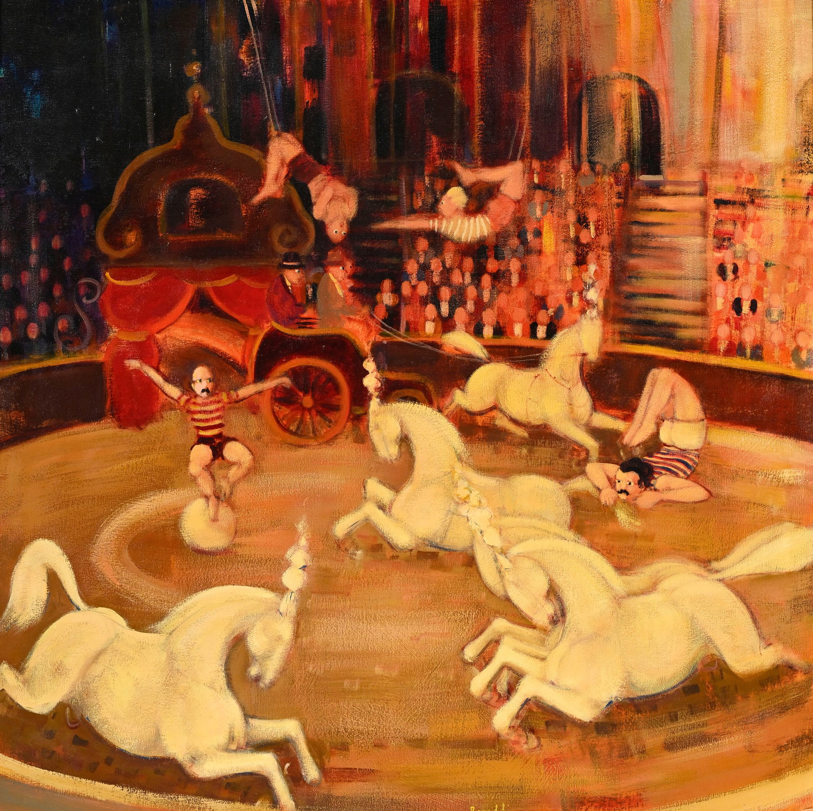 Carlo Roselli (1939), Scène de cirque, huile sur toile, signée, 89,5x89,5 cm: Carlo Roselli (1939), Scène de cirque, huile sur toile, signée, 89,5x89,5 cm