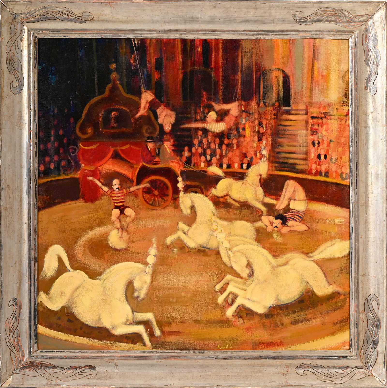 Carlo Roselli (1939), Scène de cirque, huile sur toile, signée, 89,5x89,5 cm - 2