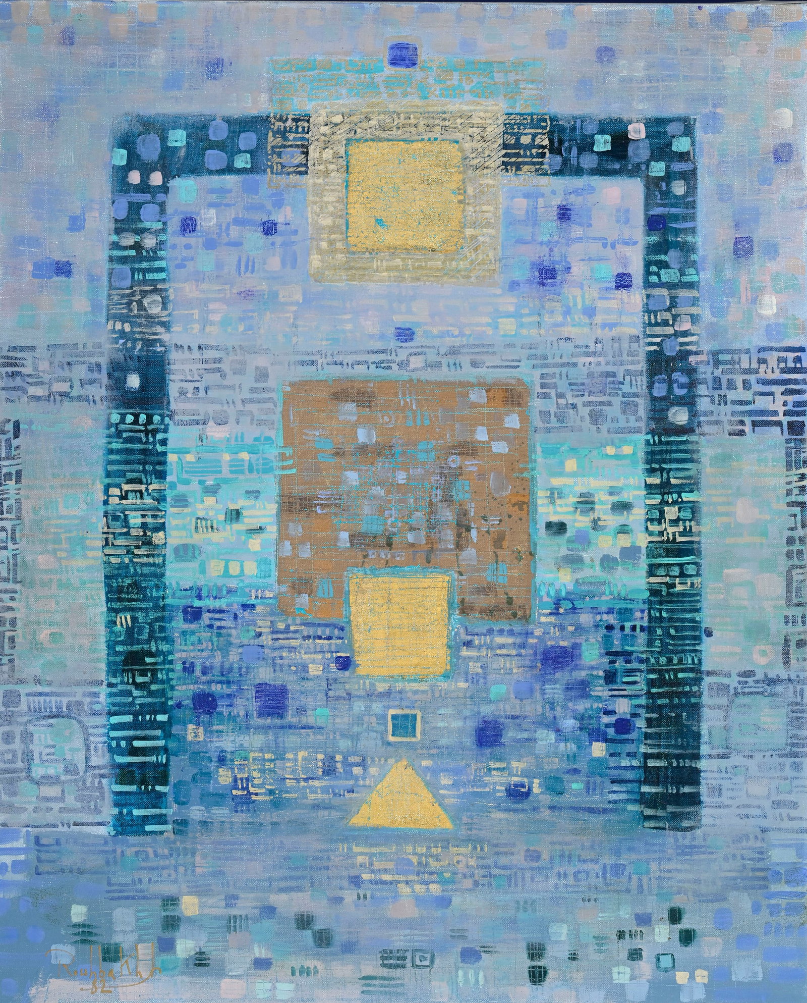 Jafar Rouhbakhsh (1938/40-1996), "Rivière coup bleu", 1982, technique mixte sur toile, sign: Jafar Rouhbakhsh (1938/40-1996), "Rivière coup bleu", 1982, technique mixte sur toile, signée et datée, 64x52 cm Certificat d'authenticité délivré par la Galerie D.A.