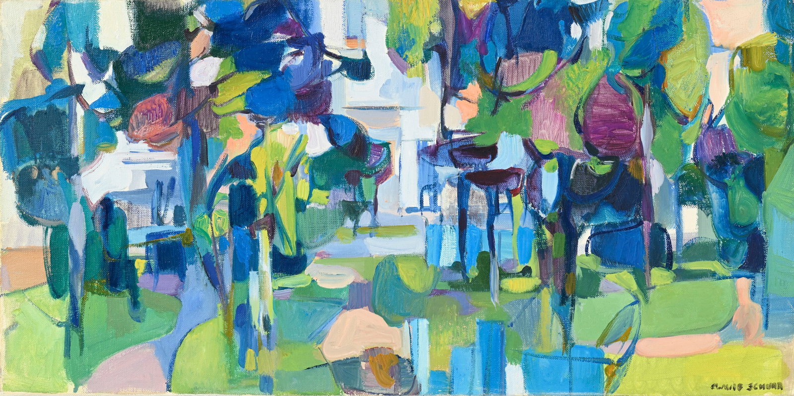 Claude Schurr (1921-2014), Paysage abstrait, huile sur toile, signée, située "Cannes" au v: Claude Schurr (1921-2014), Paysage abstrait, huile sur toile, signée, située "Cannes" au verso, 30x60 cm Provenance: Galerie Leandro, Genève, le 17.05.1969
