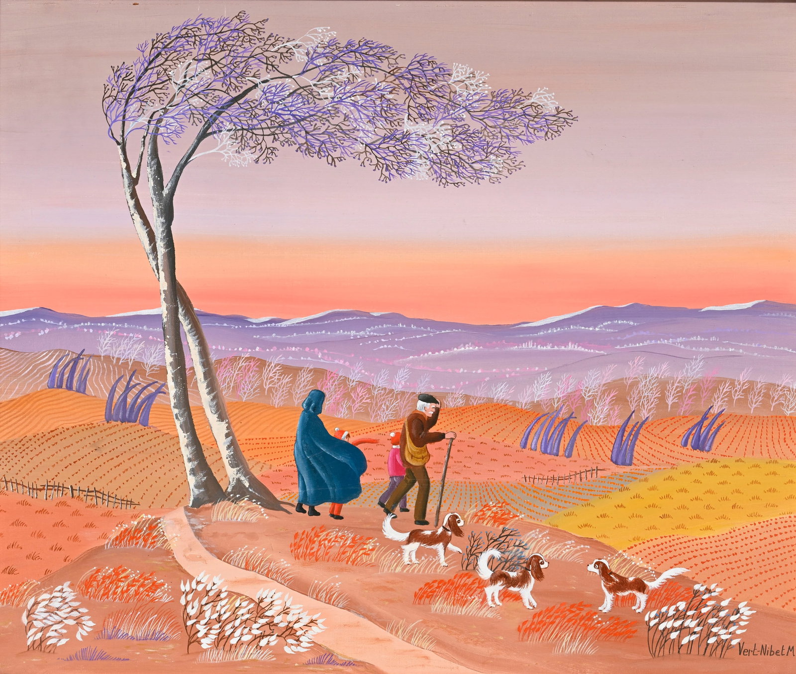 Michèle Vert-Nibet (1944), Paysage animé par temps venteux, huile sur toile, signée, : Michèle Vert-Nibet (1944), Paysage animé par temps venteux, huile sur toile, signée, 45,5x54 cm (à vue)