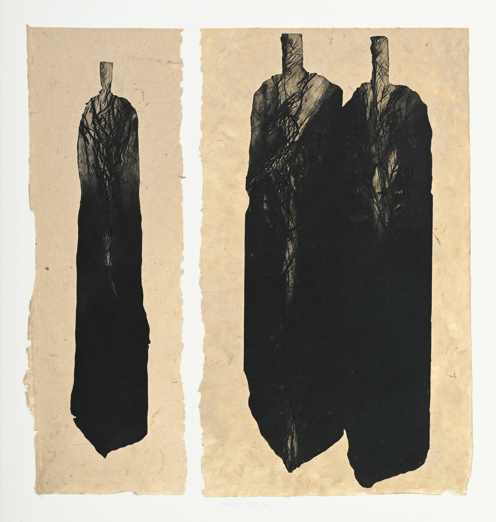 Christian Lapie (1955), "Les trois dames", 2001, gravure sur papier BFK Rives sur Chine appliqué: Christian Lapie (1955), "Les trois dames", 2001, gravure sur papier BFK Rives sur Chine appliqué, signée et numérotée 1/30, tampons à sec de l'éditeur Fondation Daniel &