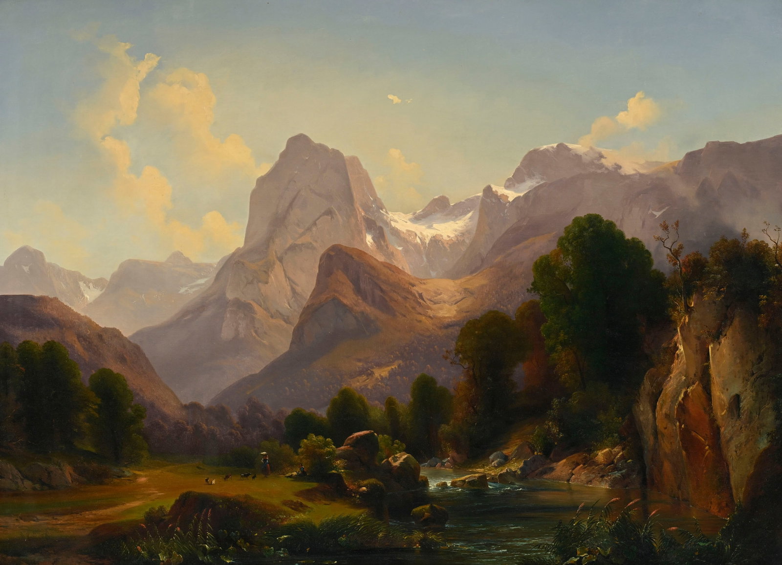 Federico Ashton (1836/40-1904), attribué à, Paysage de montagne animé près dR: Federico Ashton (1836/40-1904), attribué à, Paysage de montagne animé près d’une rivière, huile sur toile, 80x110 cm