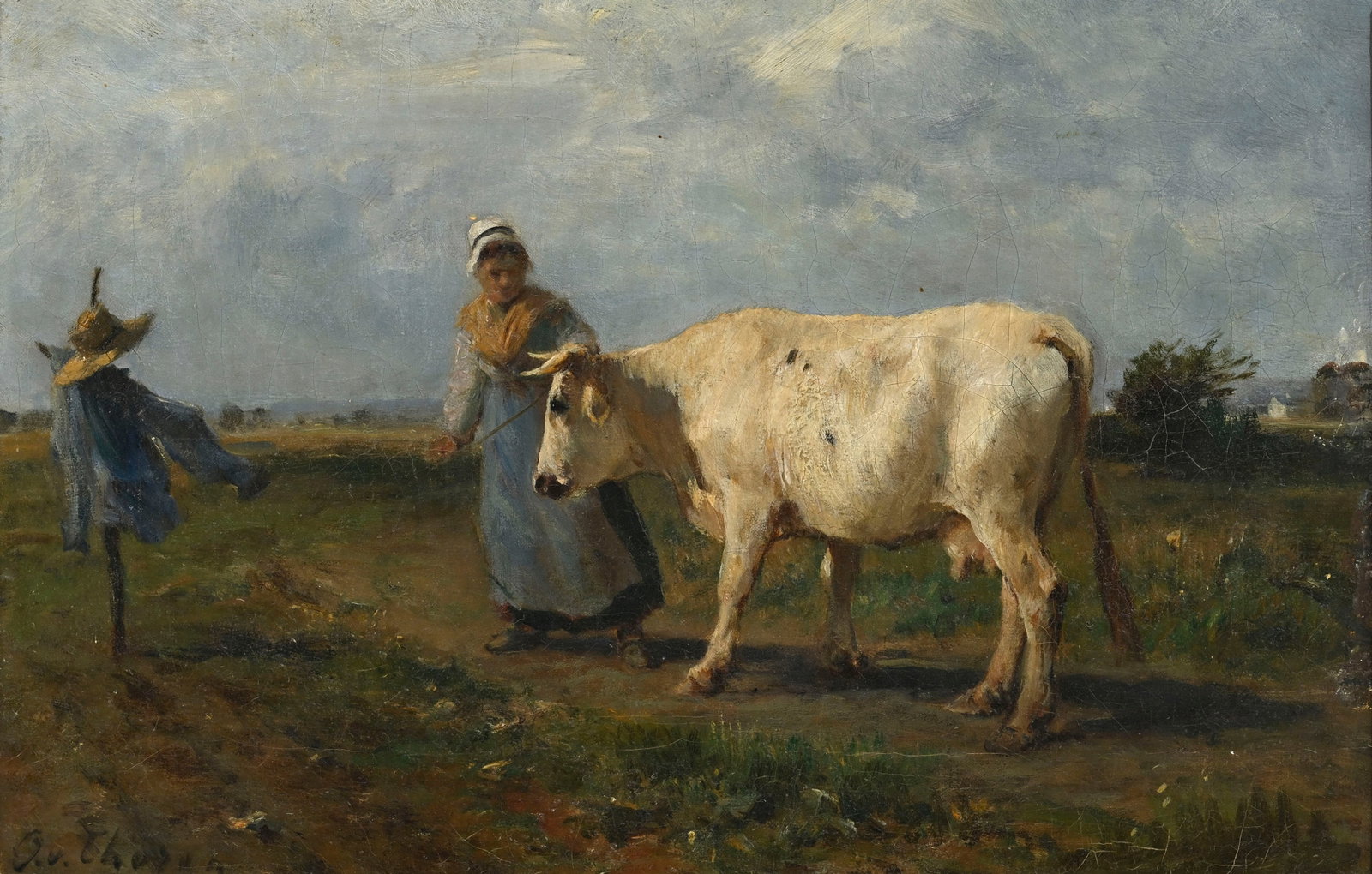 Ecole de Barbizon, Paysanne et vache, huile sur toile, signée (illisible), 24x35,5 cm Au verso (1 of 5)