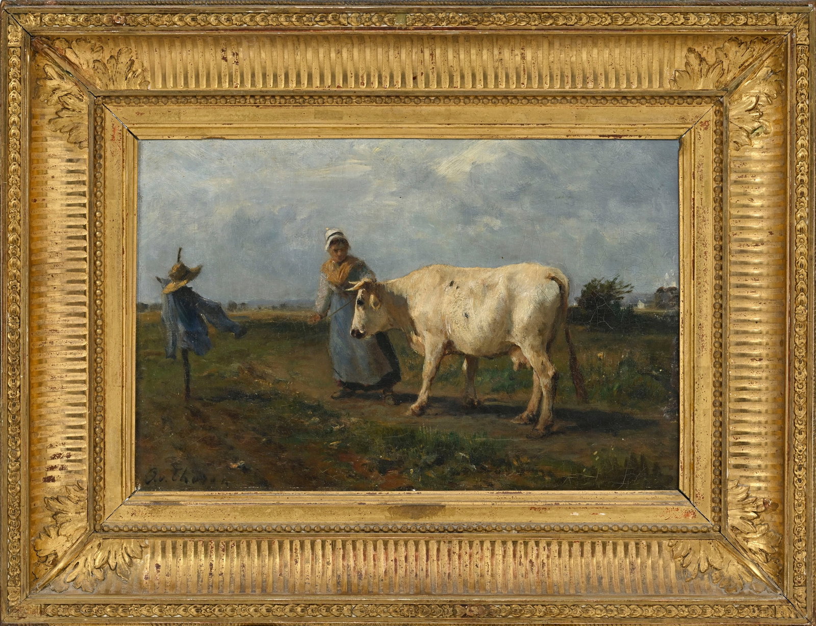 Ecole de Barbizon, Paysanne et vache, huile sur toile, signée (illisible), 24x35,5 cm Au verso - 2