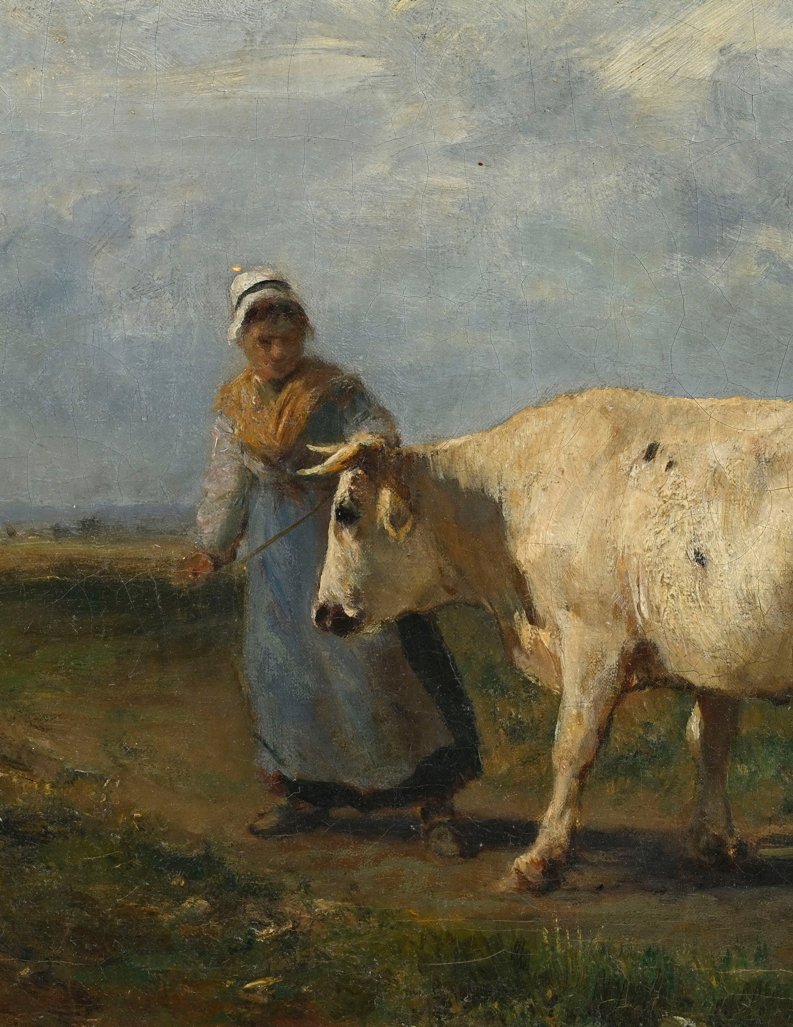 Ecole de Barbizon, Paysanne et vache, huile sur toile, signée (illisible), 24x35,5 cm Au verso - 3