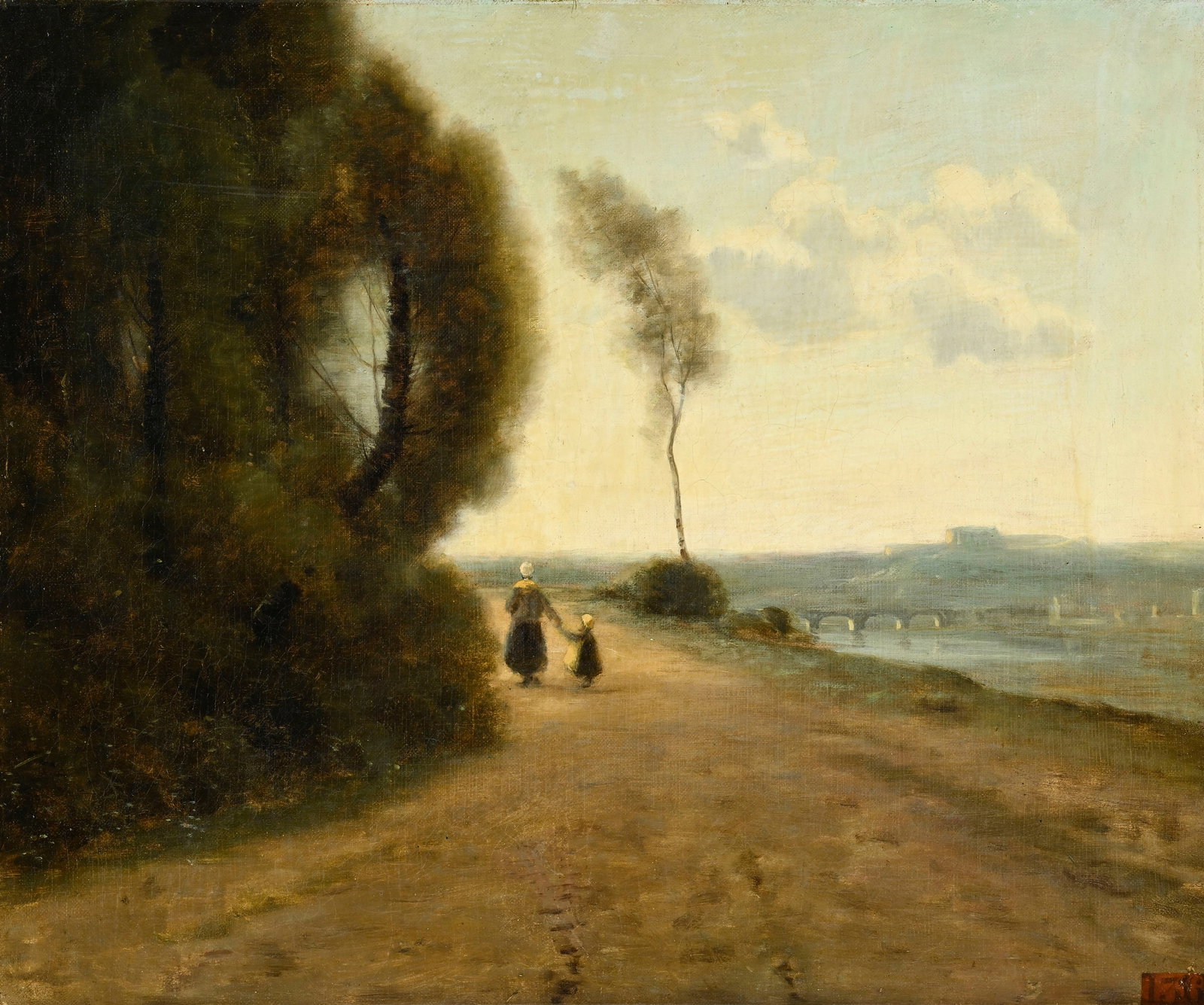 Ecole de Barbizon, Mère et enfant se promenant dans un paysage, huile sur toile, 46x56 cm (1 of 5)
