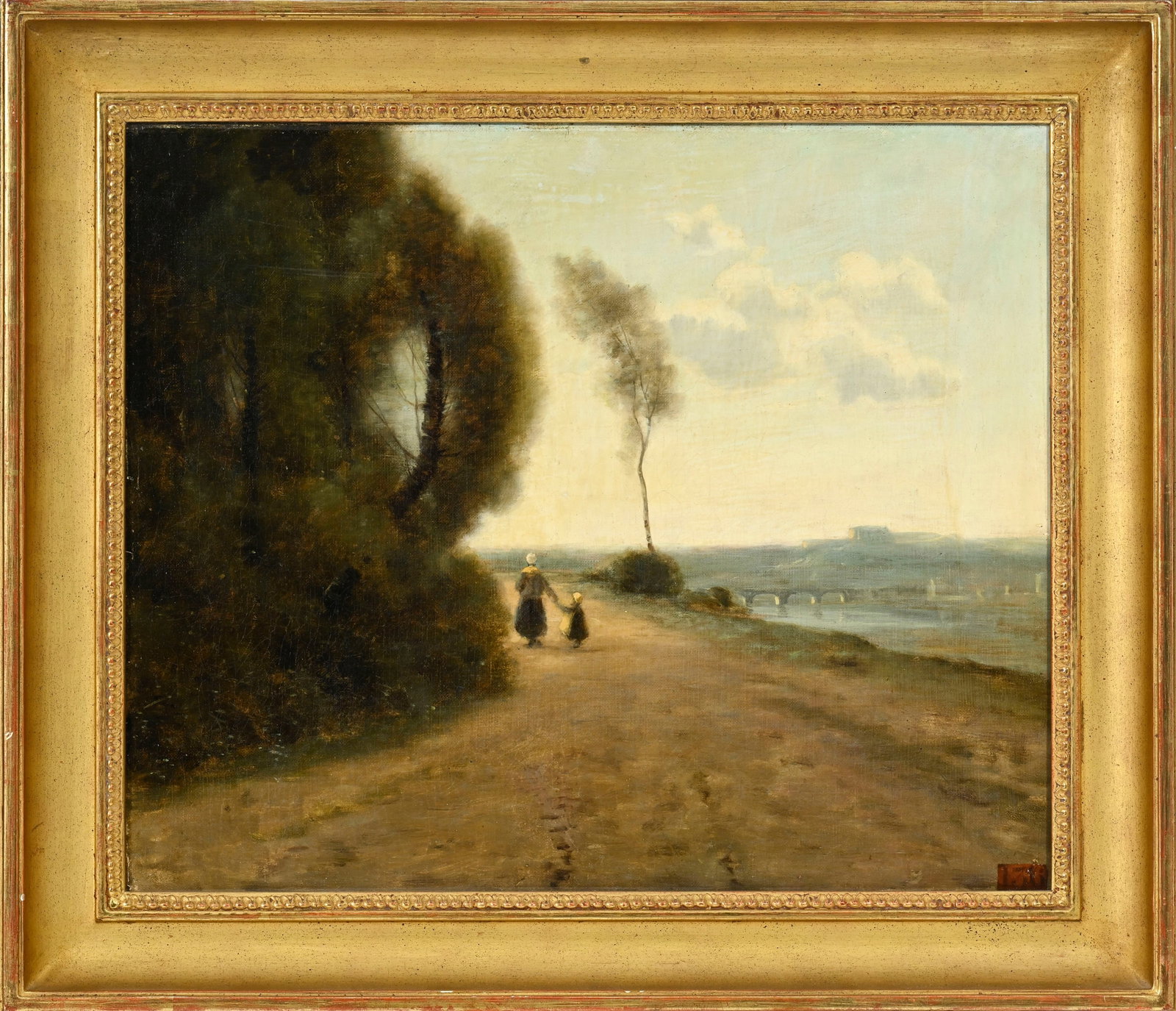 Ecole de Barbizon, Mère et enfant se promenant dans un paysage, huile sur toile, 46x56 cm - 2