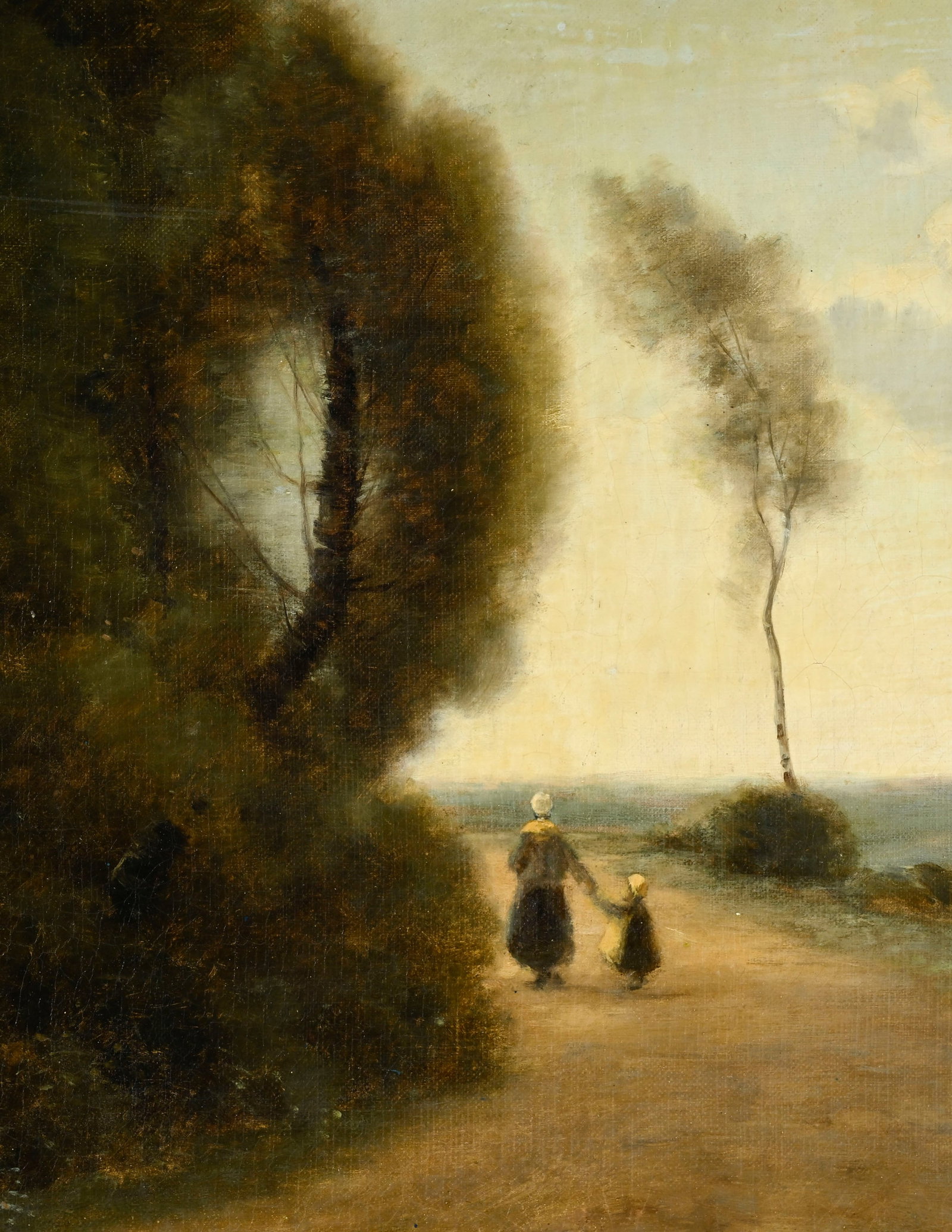 Ecole de Barbizon, Mère et enfant se promenant dans un paysage, huile sur toile, 46x56 cm - 3