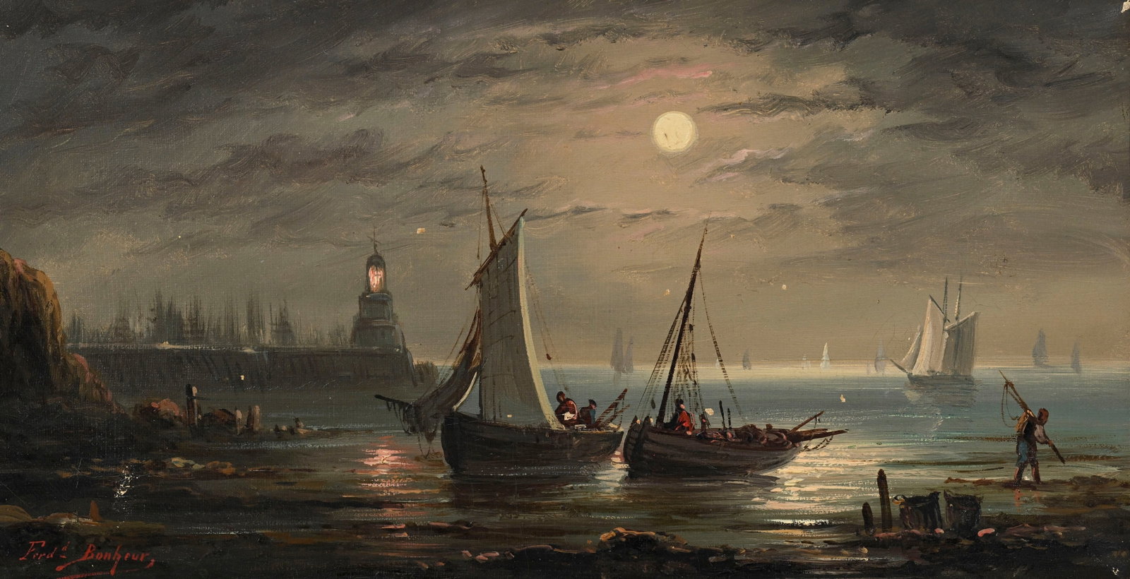 Ferdinand Bonheur (1817-1887), Bateaux de pêcheurs dans la rade au clair de la lune, huile sur  (1 of 5)
