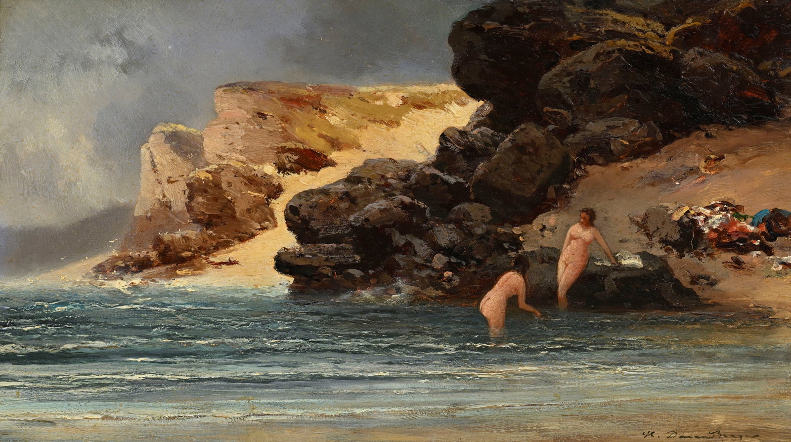 Jean-Baptiste Henri Durand-Brager (1814-1879), Baigneuses en bord de mer, huile sur panneau, sign: Jean-Baptiste Henri Durand-Brager (1814-1879), Baigneuses en bord de mer, huile sur panneau, signée, 18,5x32,5 cm Provenance: Hôtel des Ventes, Genève, le 19.06.2013, lot no.12313