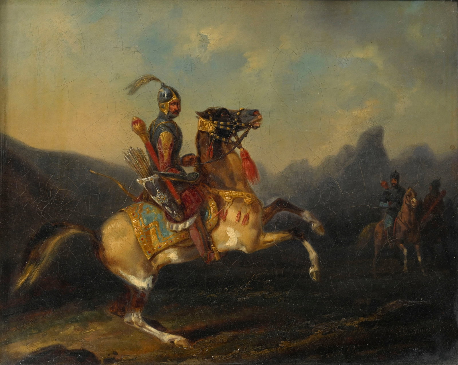 Noël-Dieudonné Finart (1797-1852), Arbalétrier sur son cheval, 1833, huile sur toile : Noël-Dieudonné Finart (1797-1852), Arbalétrier sur son cheval, 1833, huile sur toile marouflée sur panneau, signée et datée, 31,5x39,5 cm (à vue) Condition