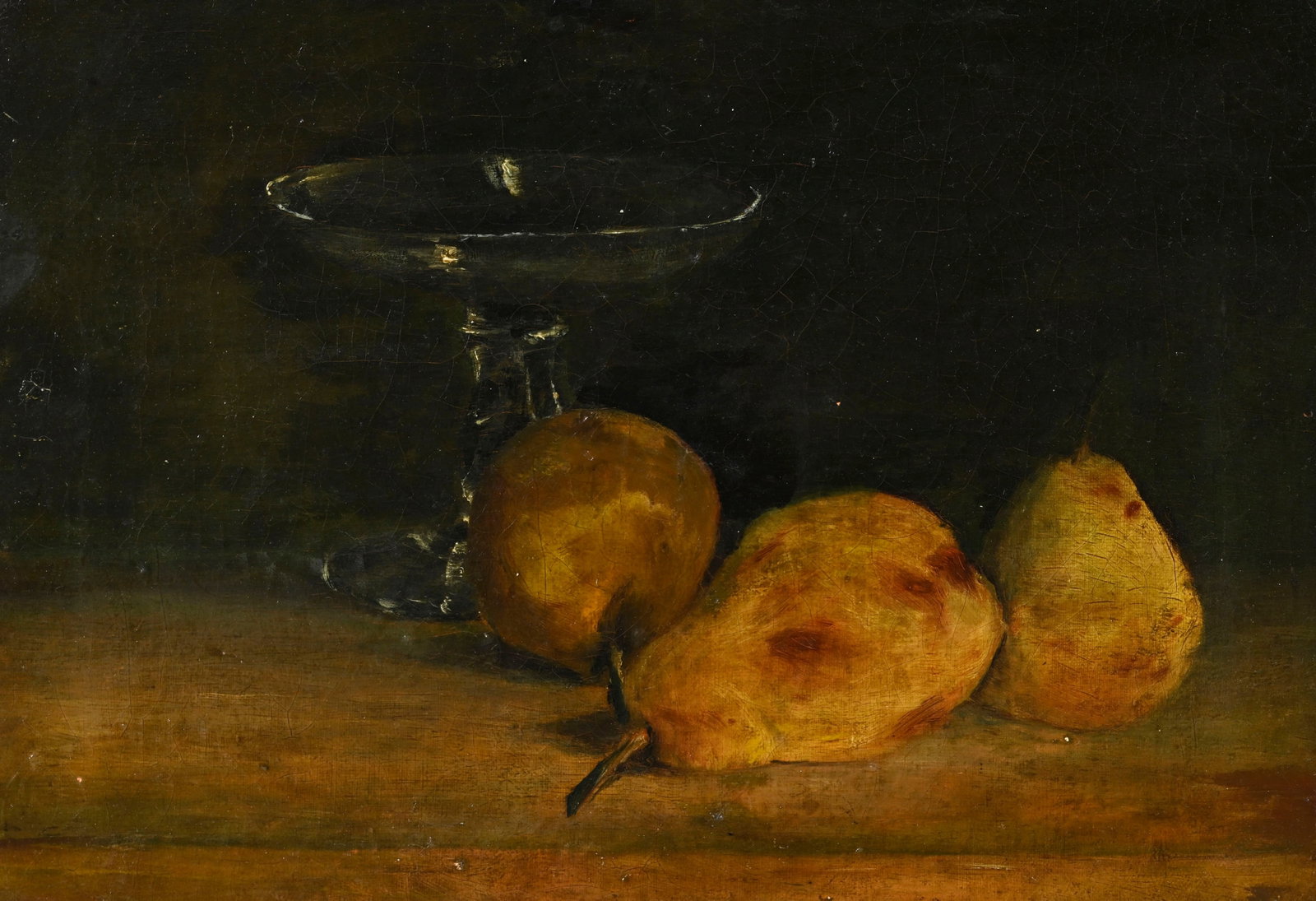 Ecole française vers 1800, Nature morte aux poires, huile sur toile, monogrammé "V.", 28,5: Ecole française vers 1800, Nature morte aux poires, huile sur toile, monogrammé "V.", 28,5x35 cm