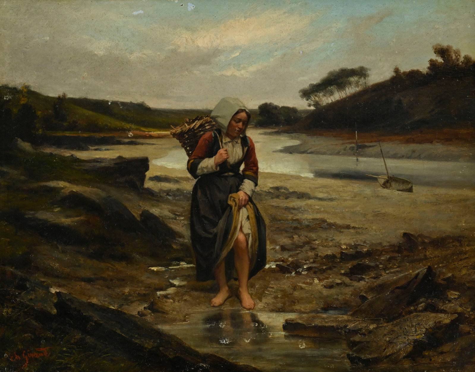 Sébastien Charles Giraud (1819-1892), Jeune bretonne à la pêche, huile sur panneau, s: Sébastien Charles Giraud (1819-1892), Jeune bretonne à la pêche, huile sur panneau, signée, 32x41 cm Condition Oxydation et quelques manques au verni Petites zones de frottement