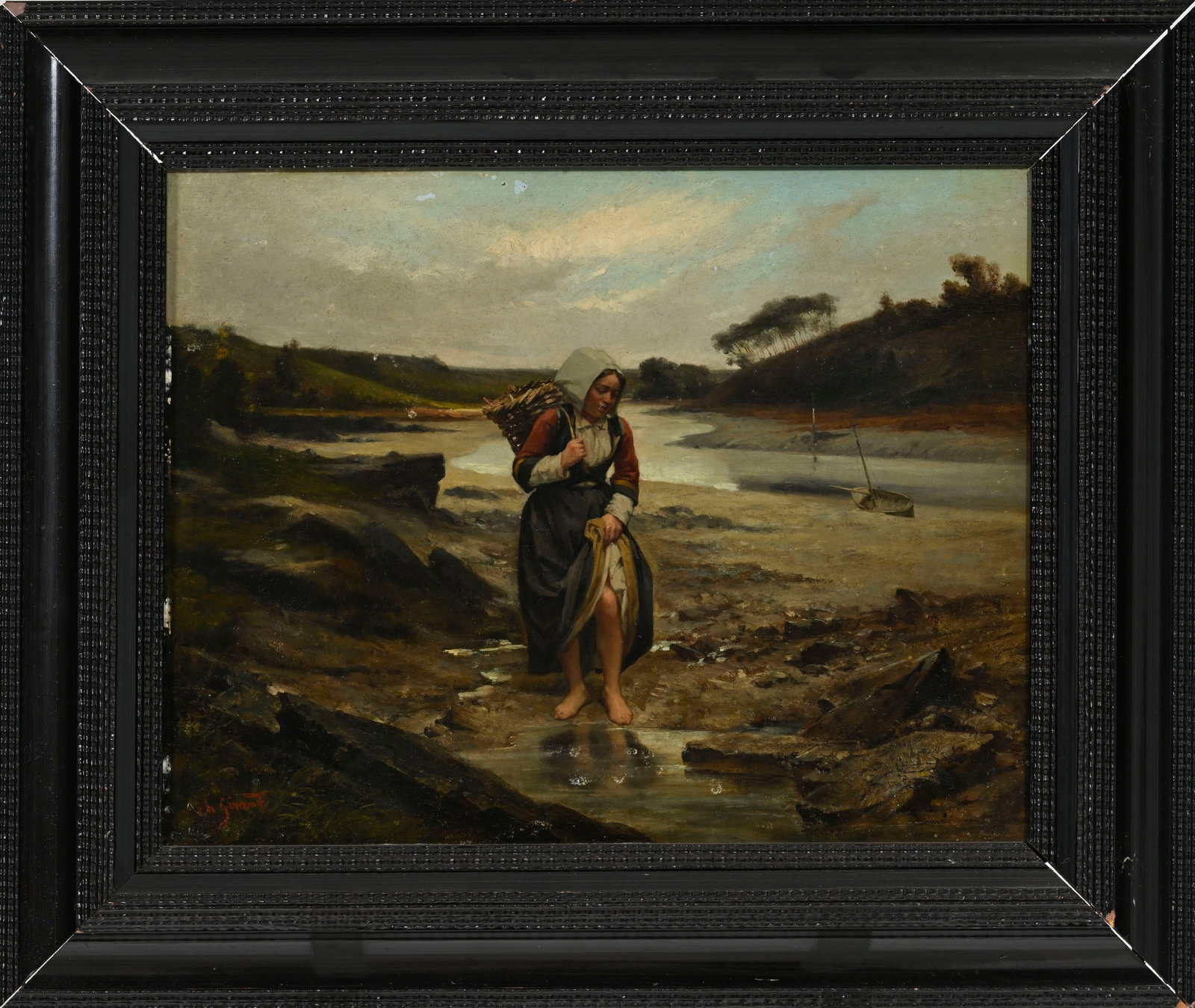 Sébastien Charles Giraud (1819-1892), Jeune bretonne à la pêche, huile sur panneau, s - 2