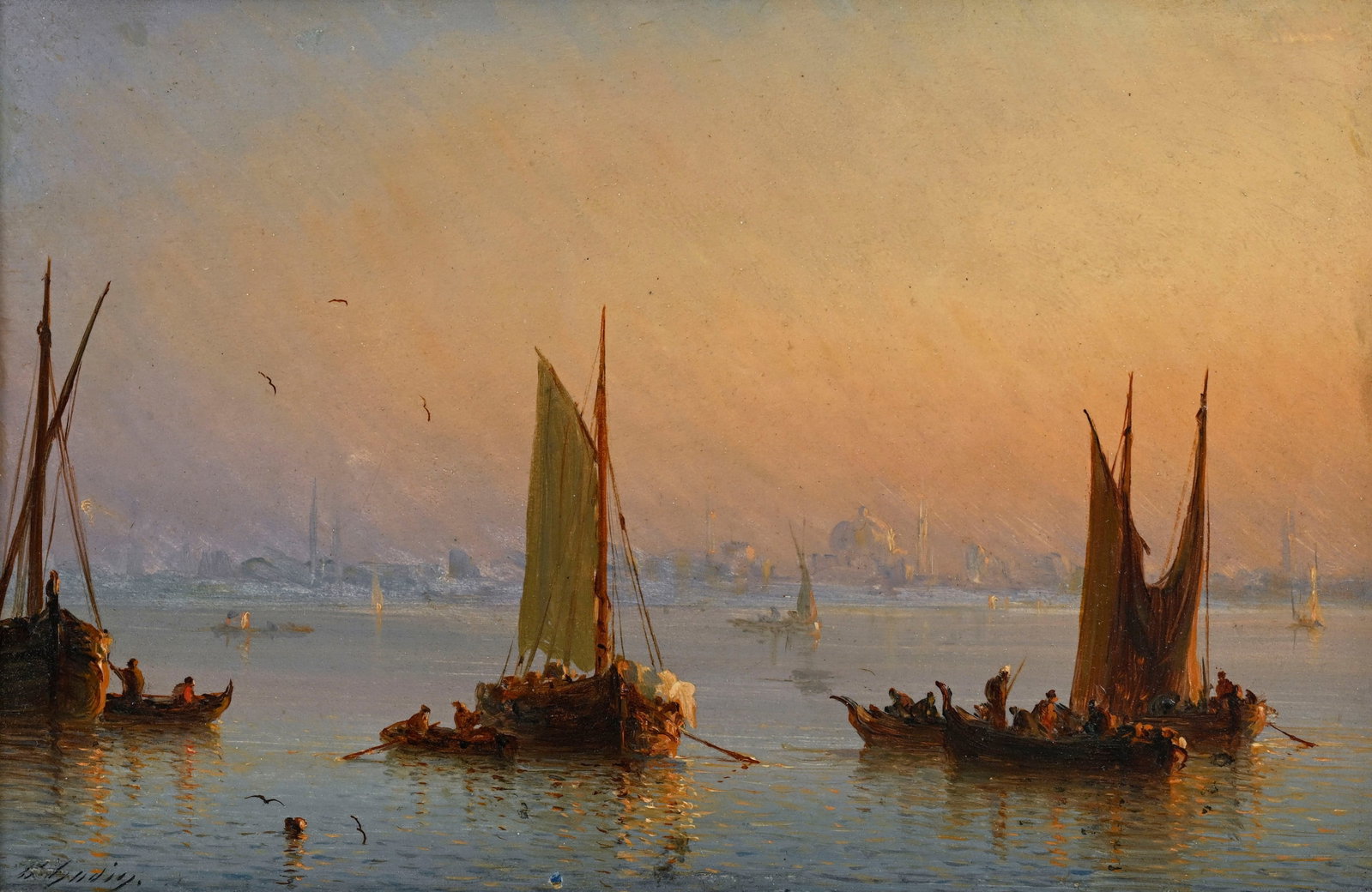 Théodore Gudin (1802-1880), Voiliers devant Byzance au coucher du soleil, huile sur panneau, si: Théodore Gudin (1802-1880), Voiliers devant Byzance au coucher du soleil, huile sur panneau, signée, 13,5x21 cm Condition Petites retouches visibles sous uv