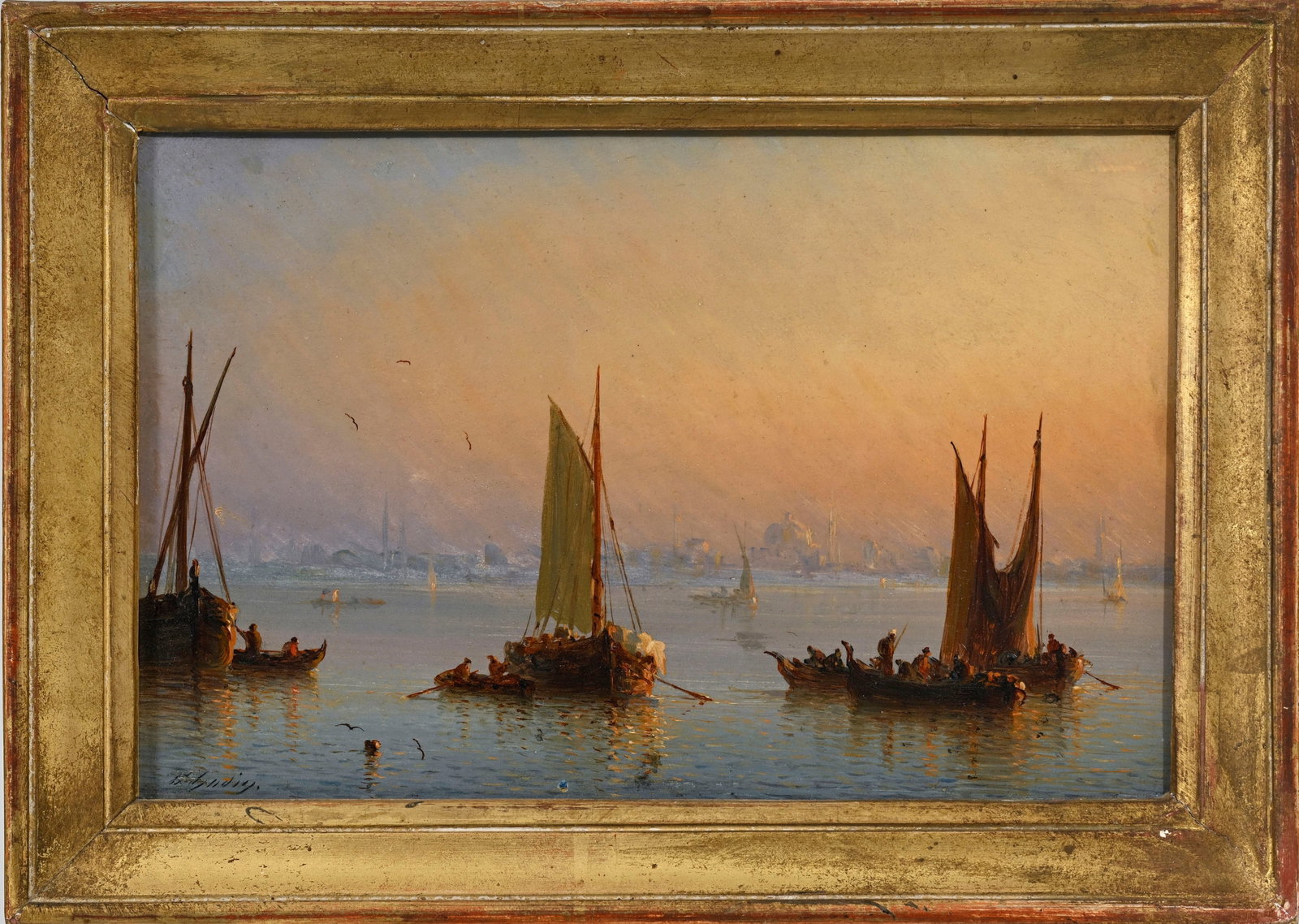 Théodore Gudin (1802-1880), Voiliers devant Byzance au coucher du soleil, huile sur panneau, si - 2