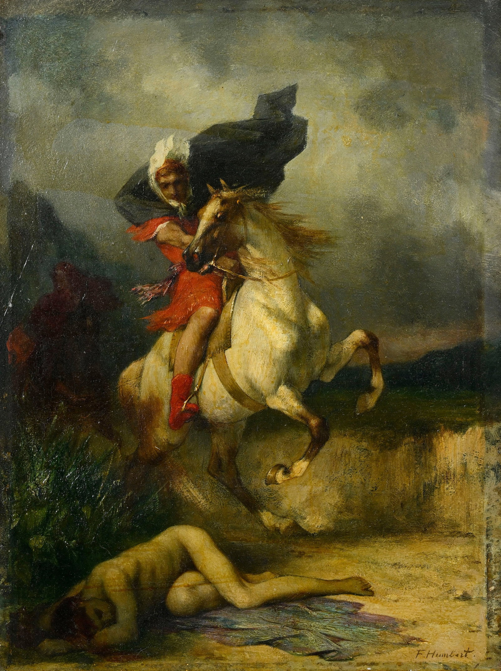 Ferdinand Humbert (1842-1934), Cavalier franchissant un corps, huile sur panneau, signée, 33x24: Ferdinand Humbert (1842-1934), Cavalier franchissant un corps, huile sur panneau, signée, 33x24,5 cm
