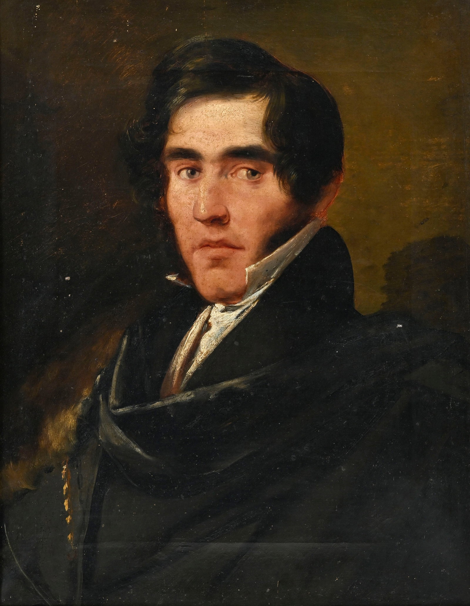 Ecole italienne du XIXe s., Portrait d'un gentilhomme, huile sur toile, annotations au verso, 63,5x5: Ecole italienne du XIXe s., Portrait d'un gentilhomme, huile sur toile, annotations au verso, 63,5x51 cm Condition Présence d'un trou d'env. 5 mm