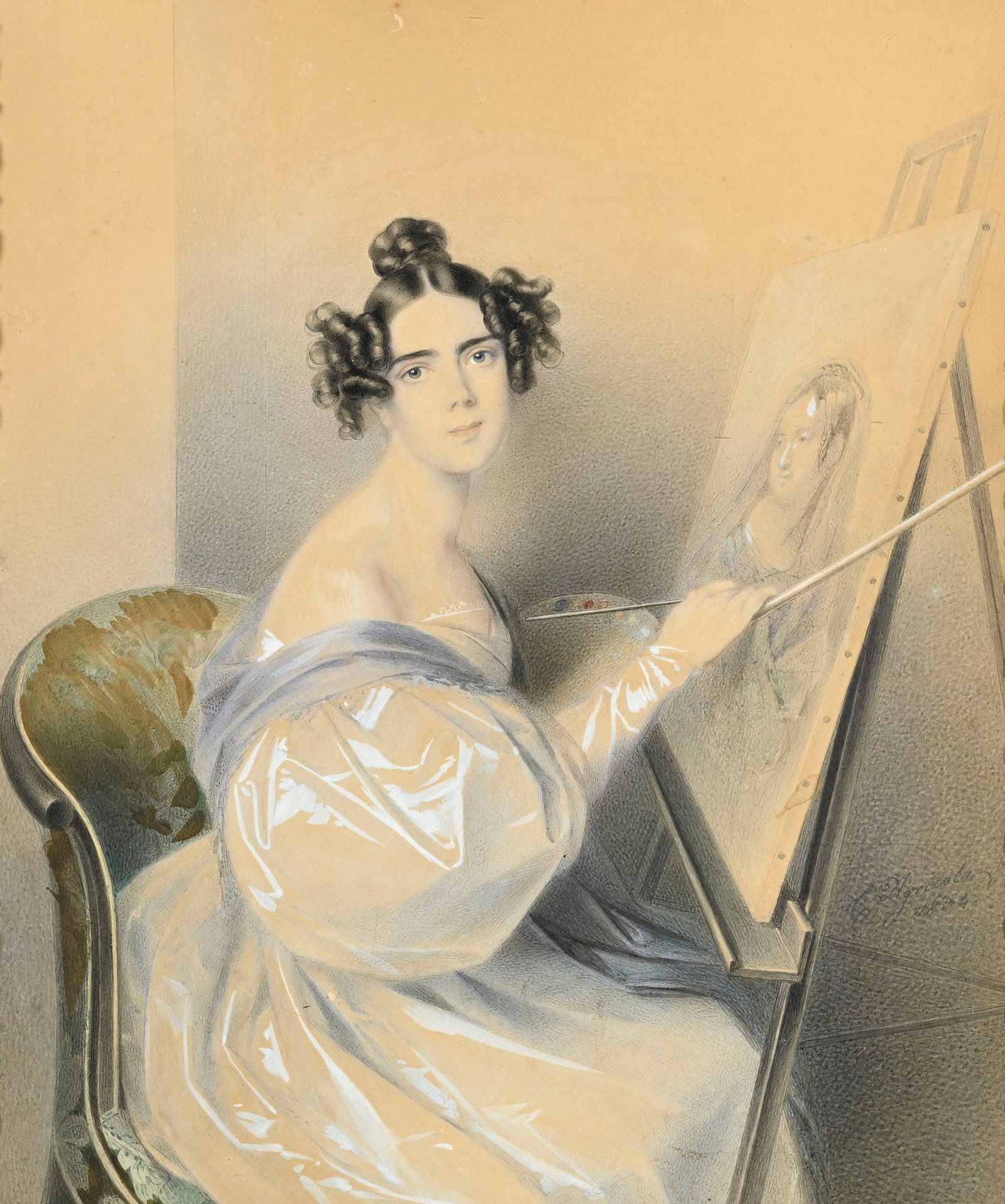 Karl Joseph Aloys Agricola (1779-1852), Portrait d'une peintre, 1894, aquarelle et rehauts de gouach: Karl Joseph Aloys Agricola (1779-1852), Portrait d'une peintre, 1894, aquarelle et rehauts de gouache sur papier, signé et datée, 34,5x28 cm (à vue) Au verso: Étiquette de la