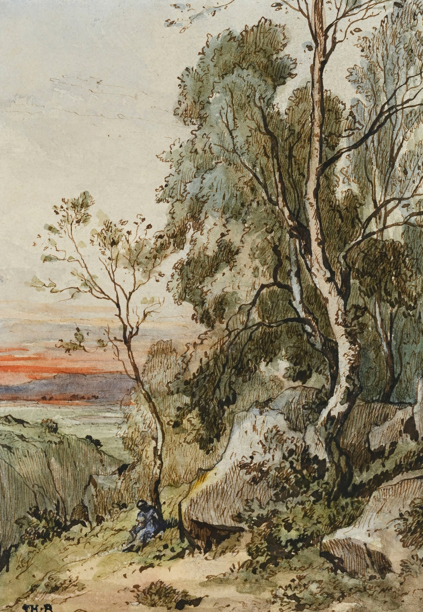 Ecole de Barbizon (XIX), Paysage de campagne animé au coucher de soleil, aquarelle et encre sur: Ecole de Barbizon (XIX), Paysage de campagne animé au coucher de soleil, aquarelle et encre sur papier, cachet de monogramme, 17,5x12 cm (à vue) Au verso: Étiquette de la Galerie de