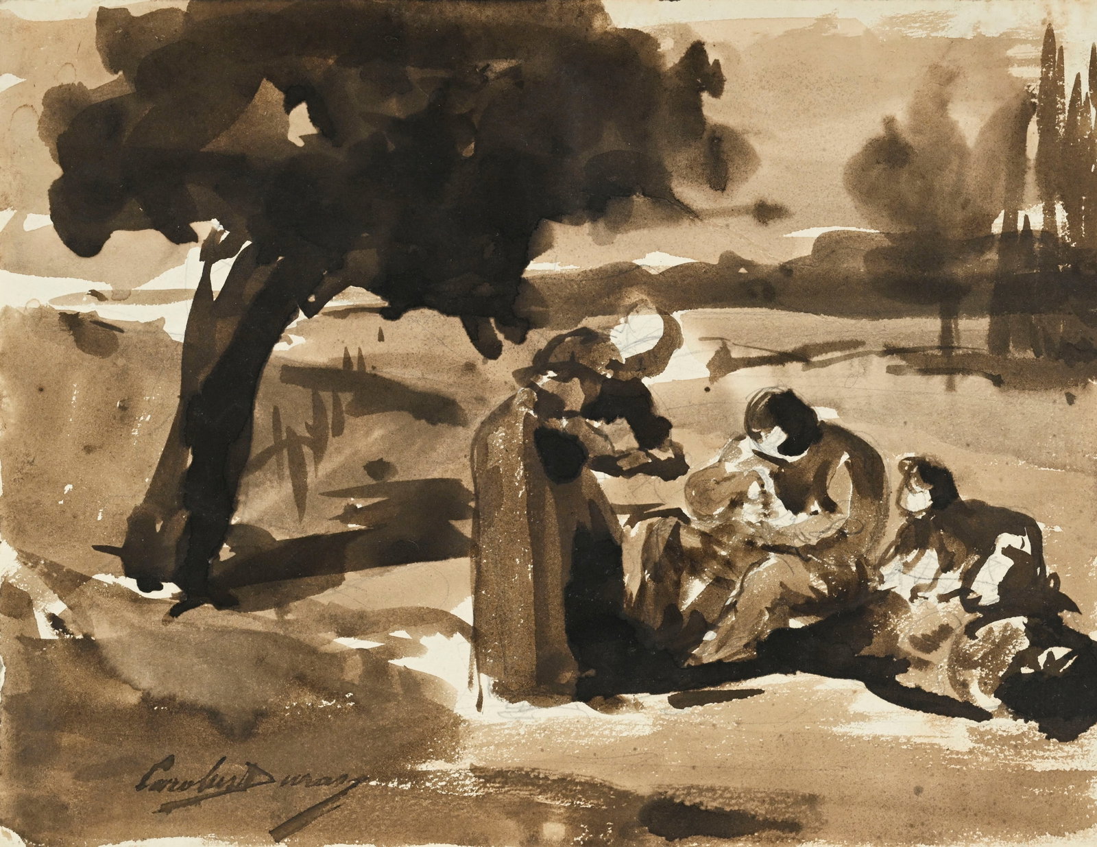 Emile Auguste Carolus-Duran (1837-1917_),_ "Famille se reposant sous un arbre", lavis sépia sur: Emile Auguste Carolus-Duran (1837-1917_),_ "Famille se reposant sous un arbre", lavis sépia sur papier, signé, 20,5x26,5 cm Au verso: Étiquette de la Galerie de Loës, Genève