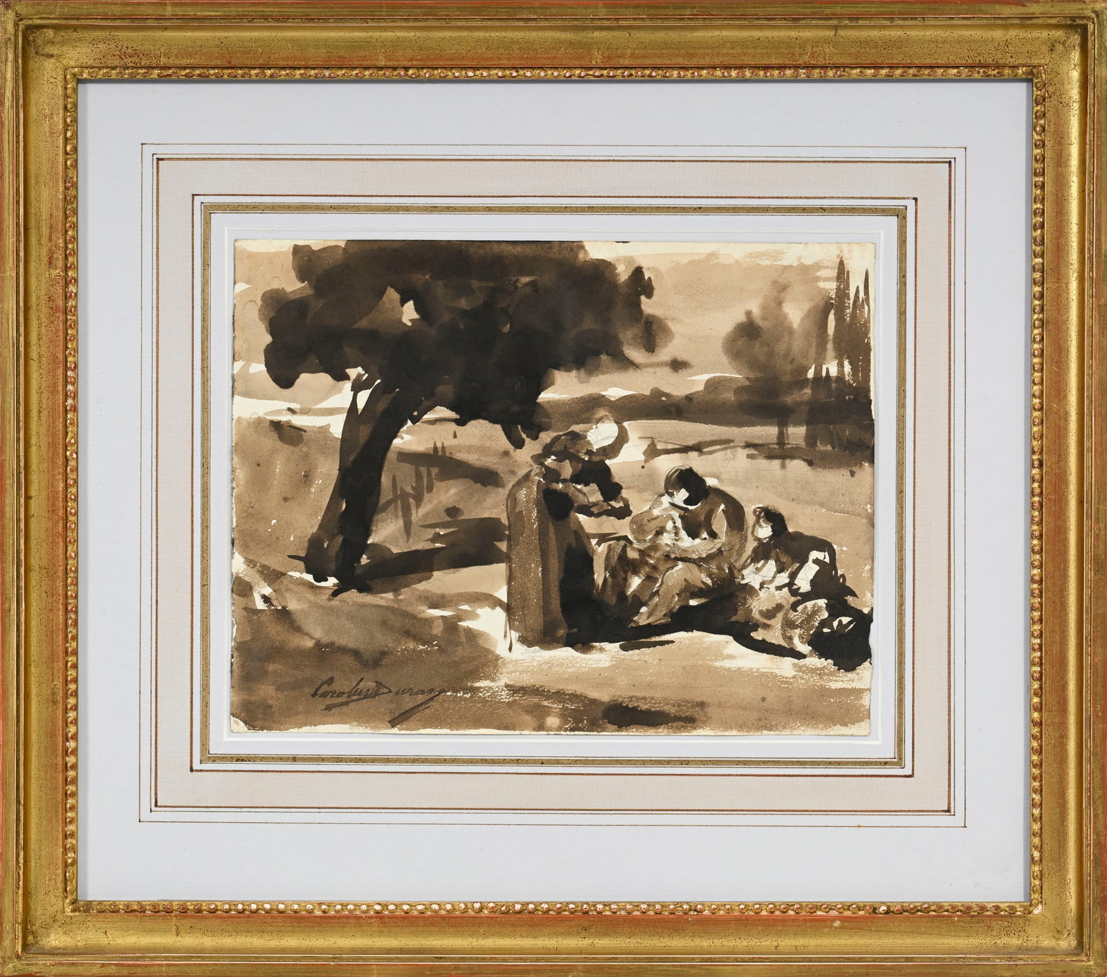 Emile Auguste Carolus-Duran (1837-1917_),_ "Famille se reposant sous un arbre", lavis sépia sur - 2