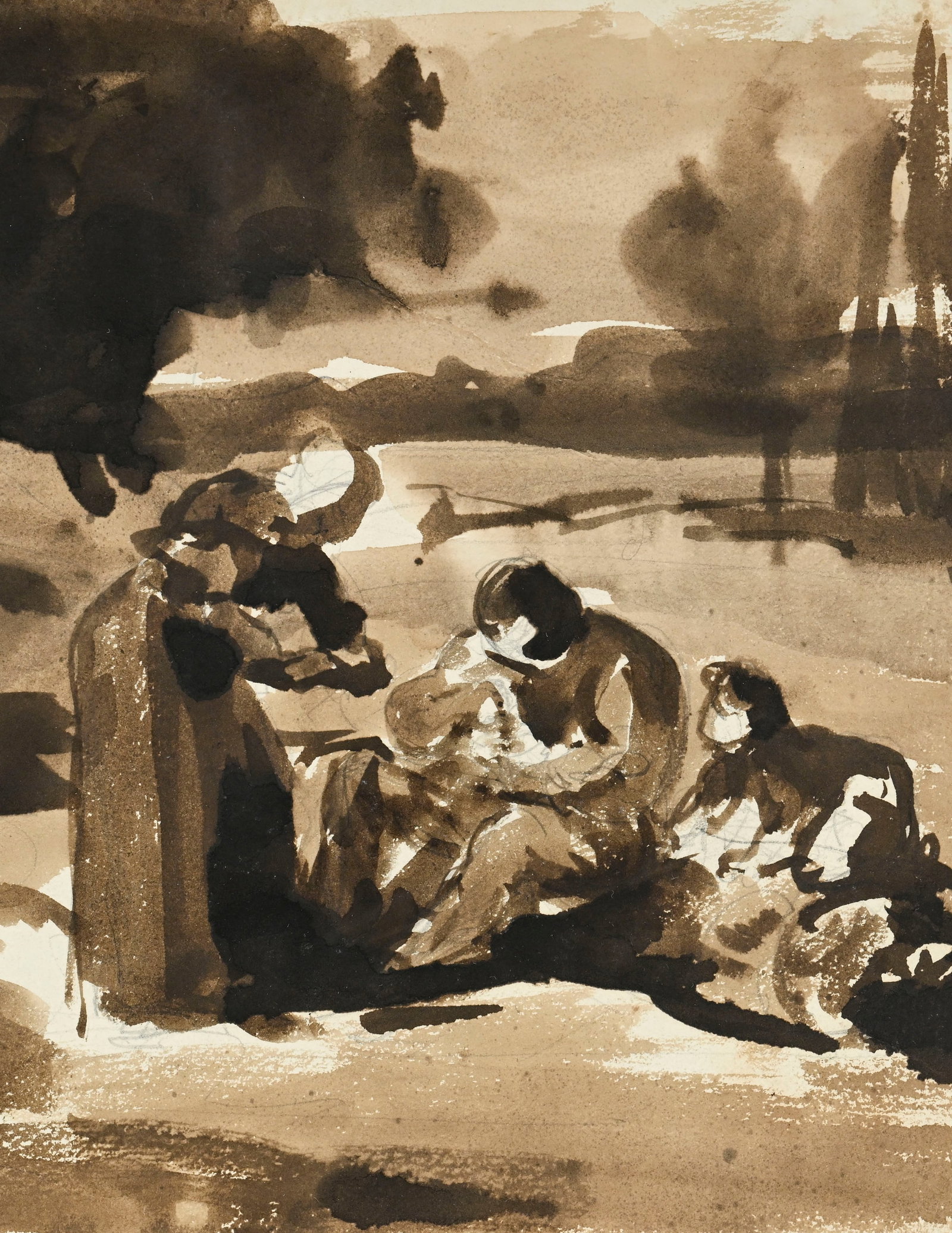 Emile Auguste Carolus-Duran (1837-1917_),_ "Famille se reposant sous un arbre", lavis sépia sur - 3
