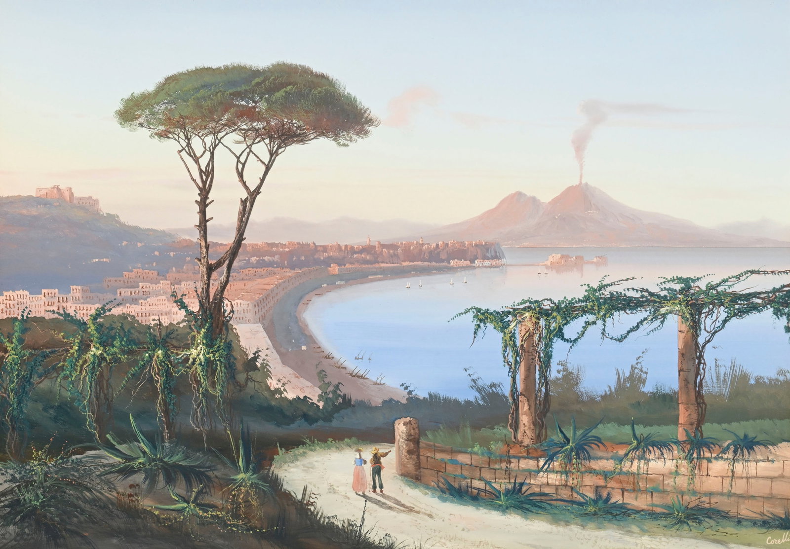 Augusto Corelli (1853-1918), Paysage napolitain, gouache sur papier, signée, 33x47 cm (à v: Augusto Corelli (1853-1918), Paysage napolitain, gouache sur papier, signée, 33x47 cm (à vue)