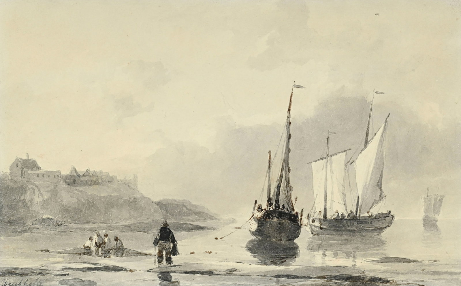 Christiaan Dreibholtz (1799-1874), "Paysage avec bateaux et pêcheurs", encre, lavis et mine de : Christiaan Dreibholtz (1799-1874), "Paysage avec bateaux et pêcheurs", encre, lavis et mine de plomb sur papier, signé, 14,5x23,5 cm Au verso: Étiquette de la Galerie Loës,
