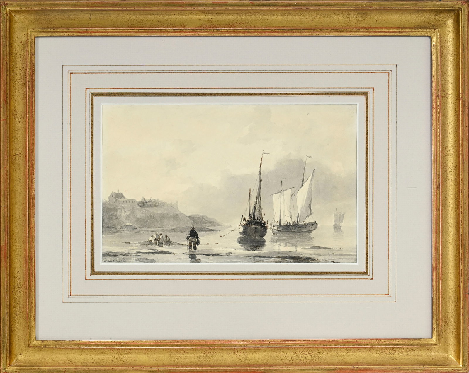 Christiaan Dreibholtz (1799-1874), "Paysage avec bateaux et pêcheurs", encre, lavis et mine de  - 2