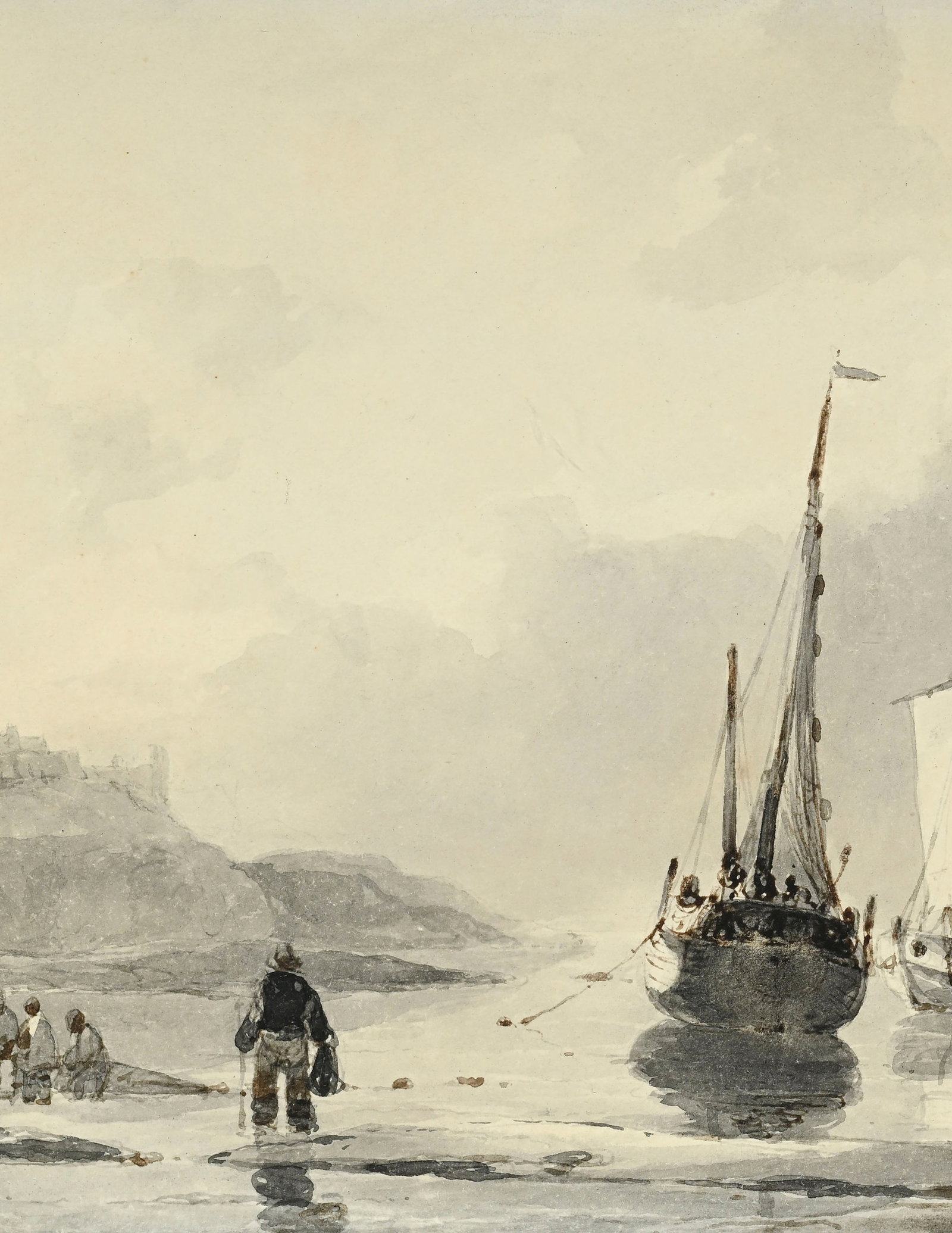 Christiaan Dreibholtz (1799-1874), "Paysage avec bateaux et pêcheurs", encre, lavis et mine de  - 3