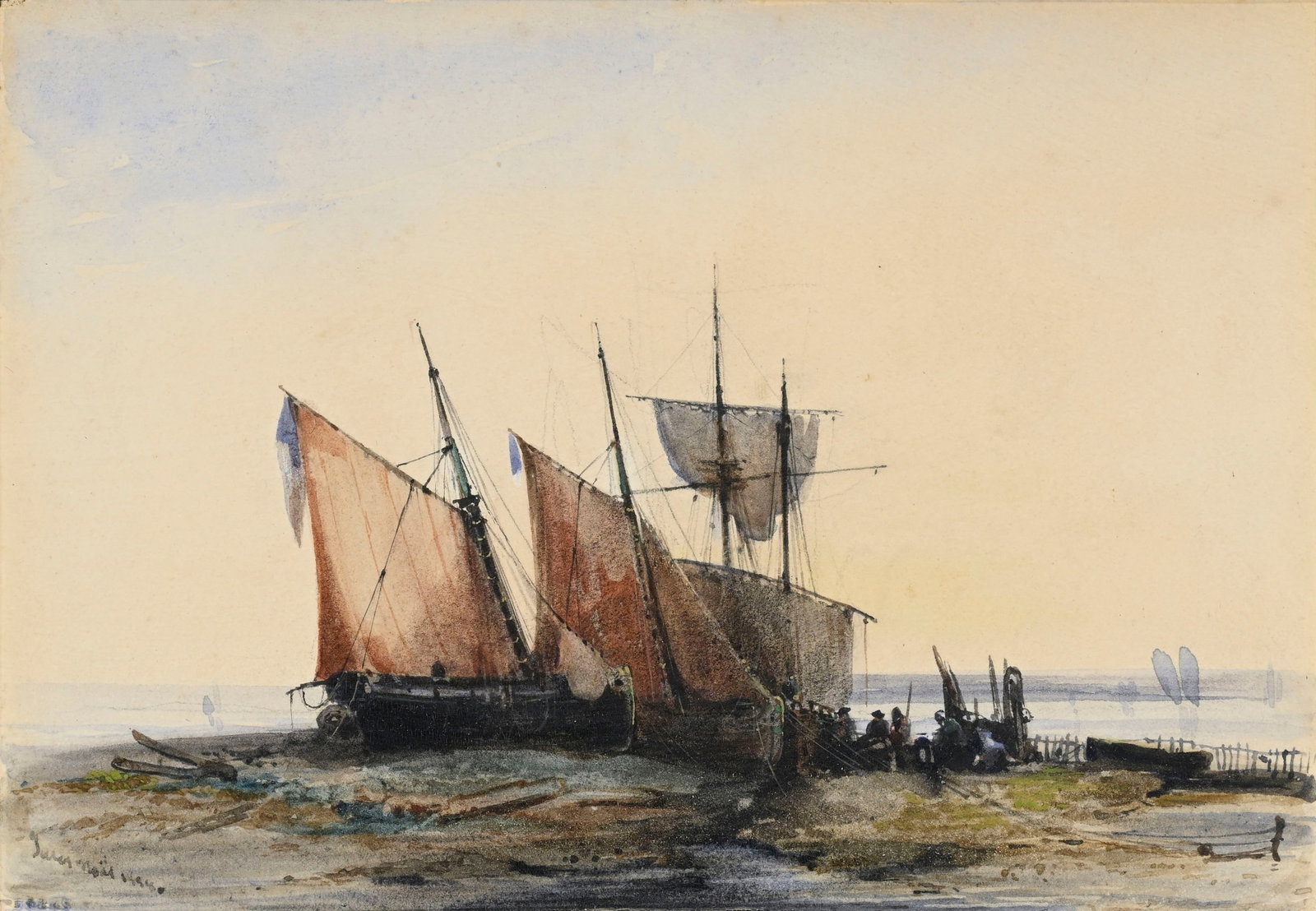 Ecole française de la fin du XIXe s., Marine aux voiliers à marée basse, aquarelle su: Ecole française de la fin du XIXe s., Marine aux voiliers à marée basse, aquarelle sur papier, inscriptions "Juin mai 1894" [?], 11,5x16,5 cm (à vue) Condition Papier: inscription
