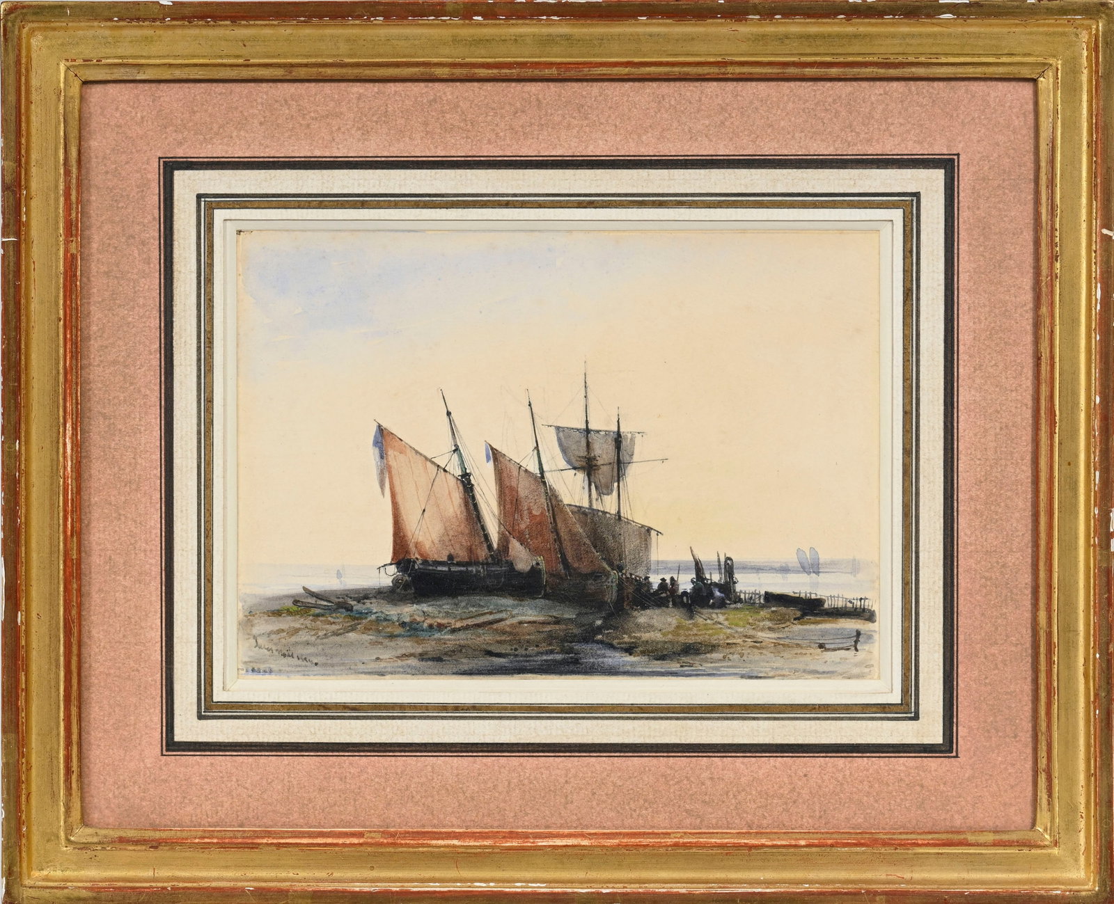 Ecole française de la fin du XIXe s., Marine aux voiliers à marée basse, aquarelle su - 2