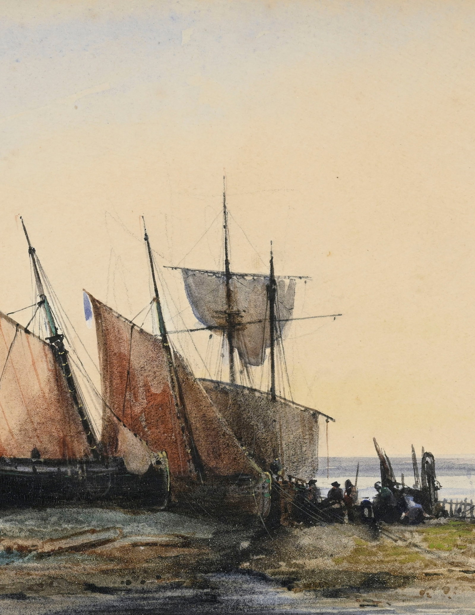 Ecole française de la fin du XIXe s., Marine aux voiliers à marée basse, aquarelle su - 3