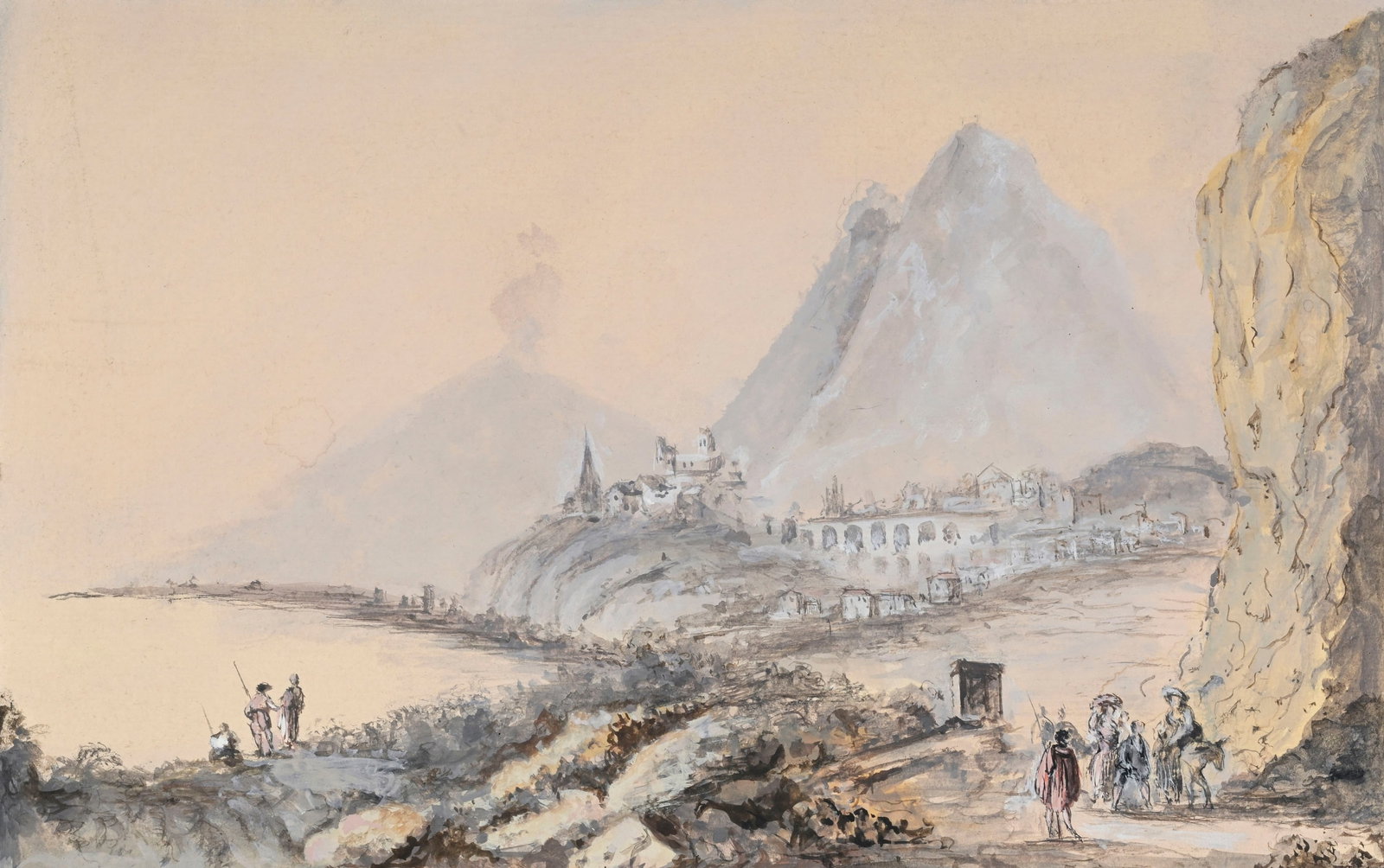 Ecole italienne de la fin du XVIIIe siècle/début du XIXe s., Vue côtière de Sici: Ecole italienne de la fin du XVIIIe siècle/début du XIXe s., Vue côtière de Sicile, possiblement avec l’Etna, plume, encre et gouache sur papier, 21,5x34,5 cm Condition