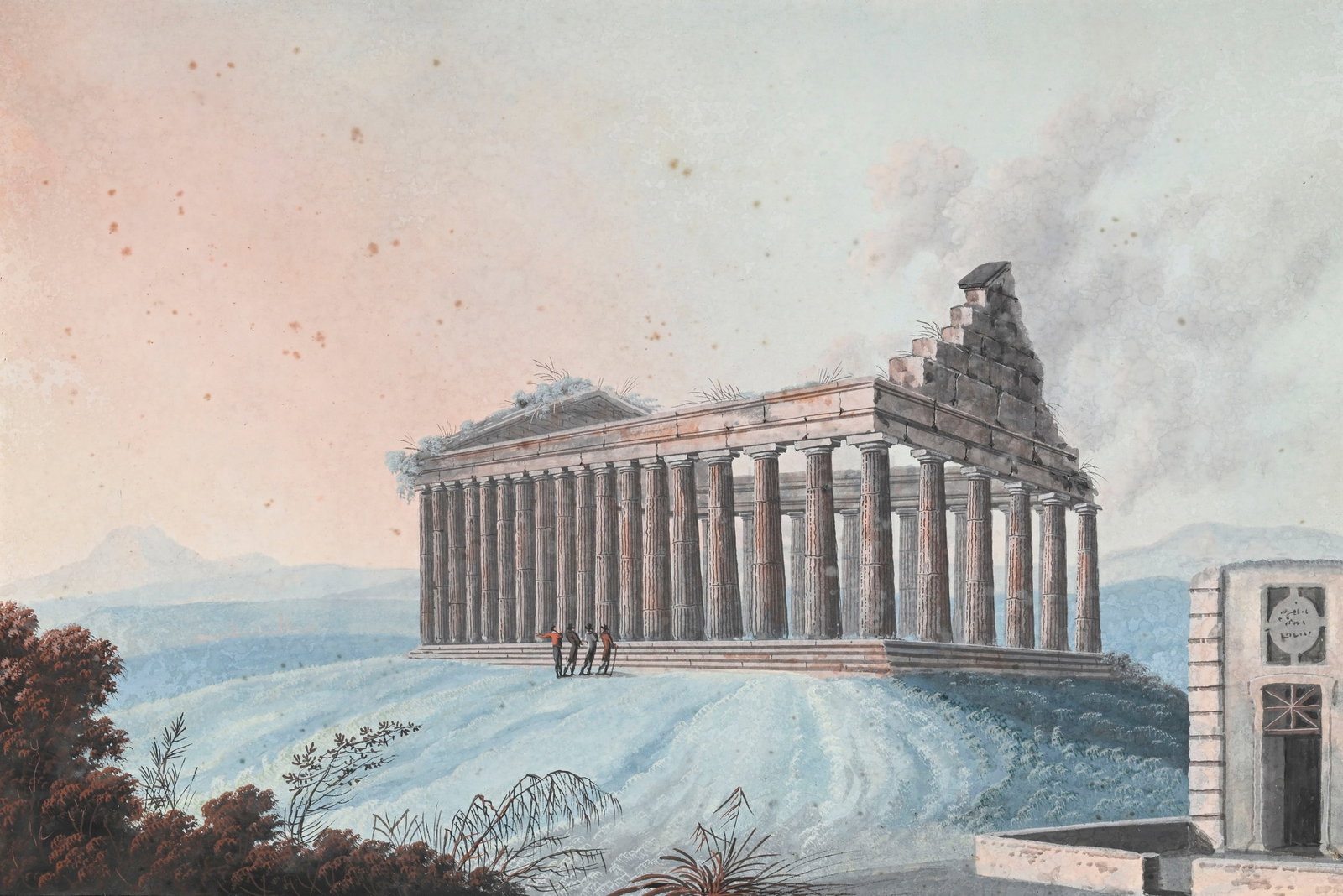 Ecole napolitaine de la fin du XVIIIe s., "Tempio di Giunone a Pesto", gouache sur papier, titré: Ecole napolitaine de la fin du XVIIIe s., "Tempio di Giunone a Pesto", gouache sur papier, titrée et annotée (illisible), 32x44,5 cm (à vue) Condition Piqures et rousseurs