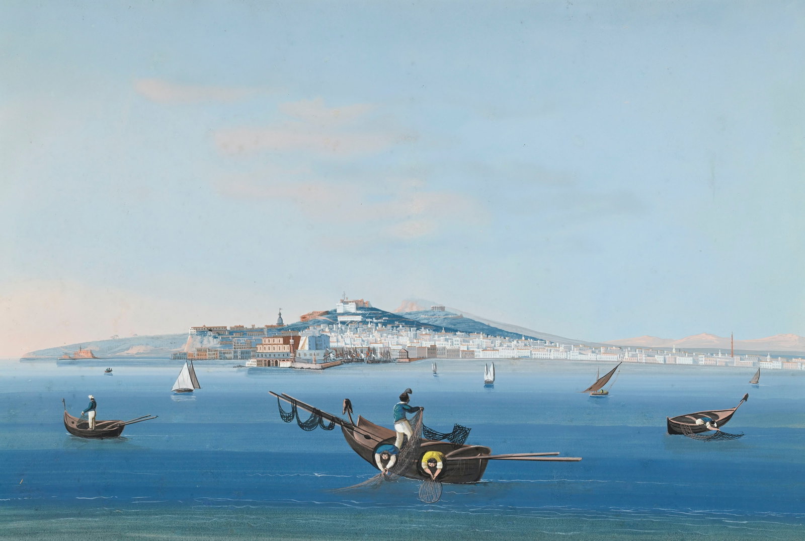 Ecole napolitaine du XIXe s., "Napoli da mare", gouache sur papier, 43,5x64,5 cm (à vue): Ecole napolitaine du XIXe s., "Napoli da mare", gouache sur papier, 43,5x64,5 cm (à vue)