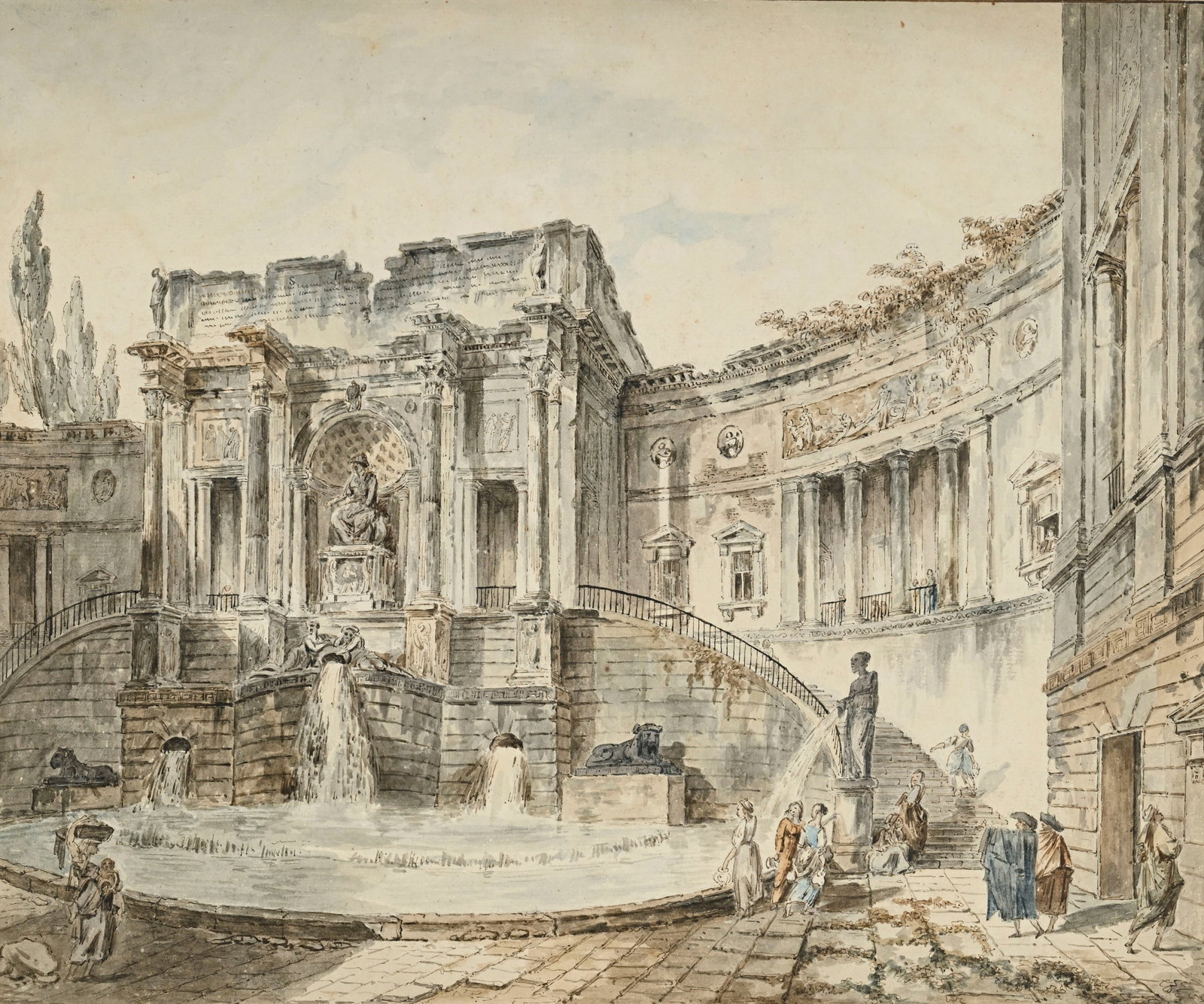 Hubert Robert (1733-1808), entourage de, Capriccio architectural avec fontaine, plume, encre brune e: Hubert Robert (1733-1808), entourage de, Capriccio architectural avec fontaine, plume, encre brune et noire, lavis brun et aquarelle sur mine de plomb sur papier, 36,5x44,5 cm (à vue) Au verso: