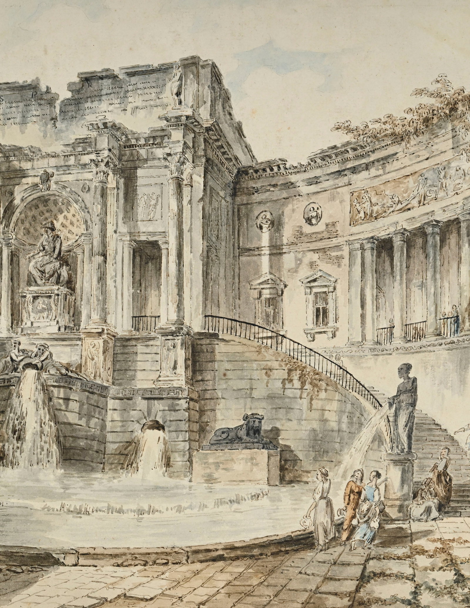 Hubert Robert (1733-1808), entourage de, Capriccio architectural avec fontaine, plume, encre brune e - 3