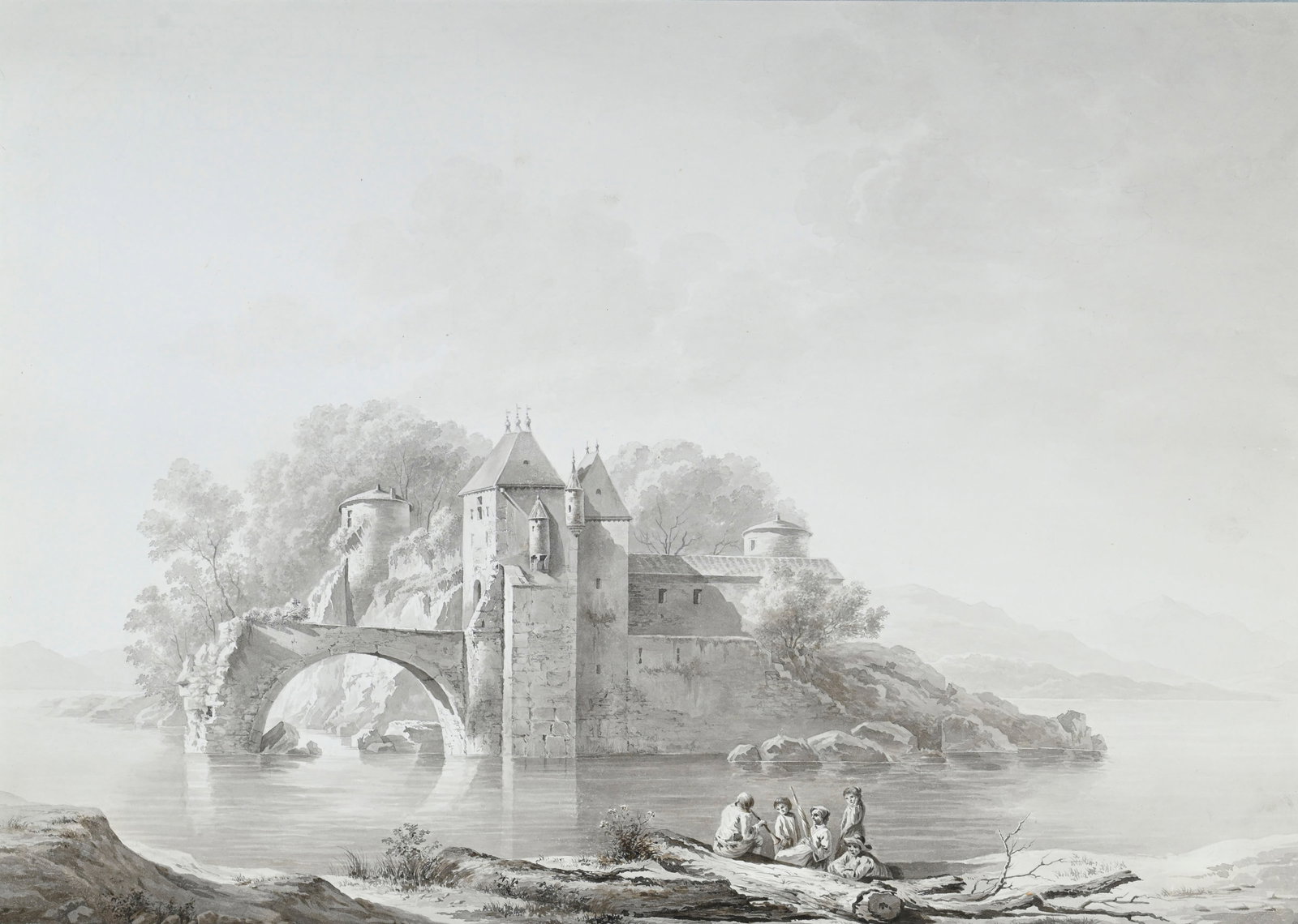 Jean-Jacques de Boissieu (1736-1810), "La porte de Vaise sur l'île Barbe près de Lyon", en: Jean-Jacques de Boissieu (1736-1810), "La porte de Vaise sur l'île Barbe près de Lyon", encre et lavis sur papier, 31,5x44,5 cm Provenance: Galerie de Loës, Genève Condition