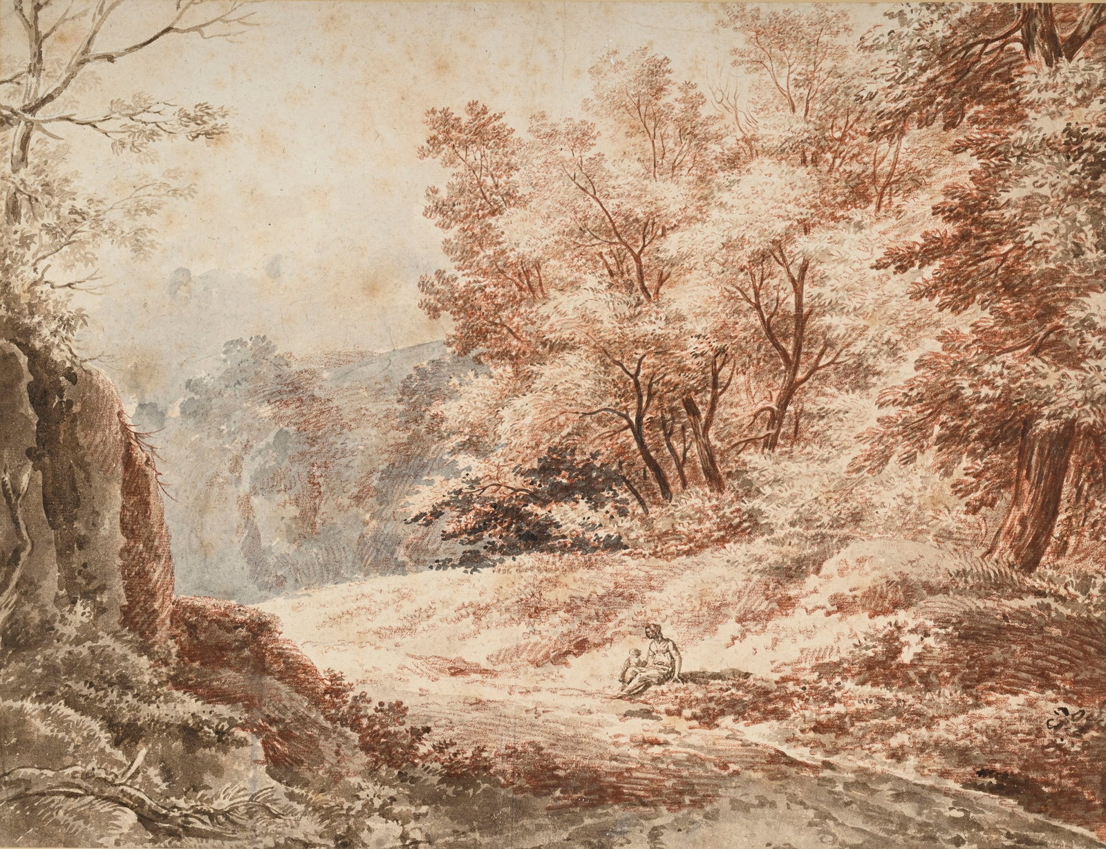 Ecole européenne du XVIIIe s., Paysage animé, lavis et crayon sépia sur papier, 38x50: Ecole européenne du XVIIIe s., Paysage animé, lavis et crayon sépia sur papier, 38x50,5 cm Condition Rousseurs