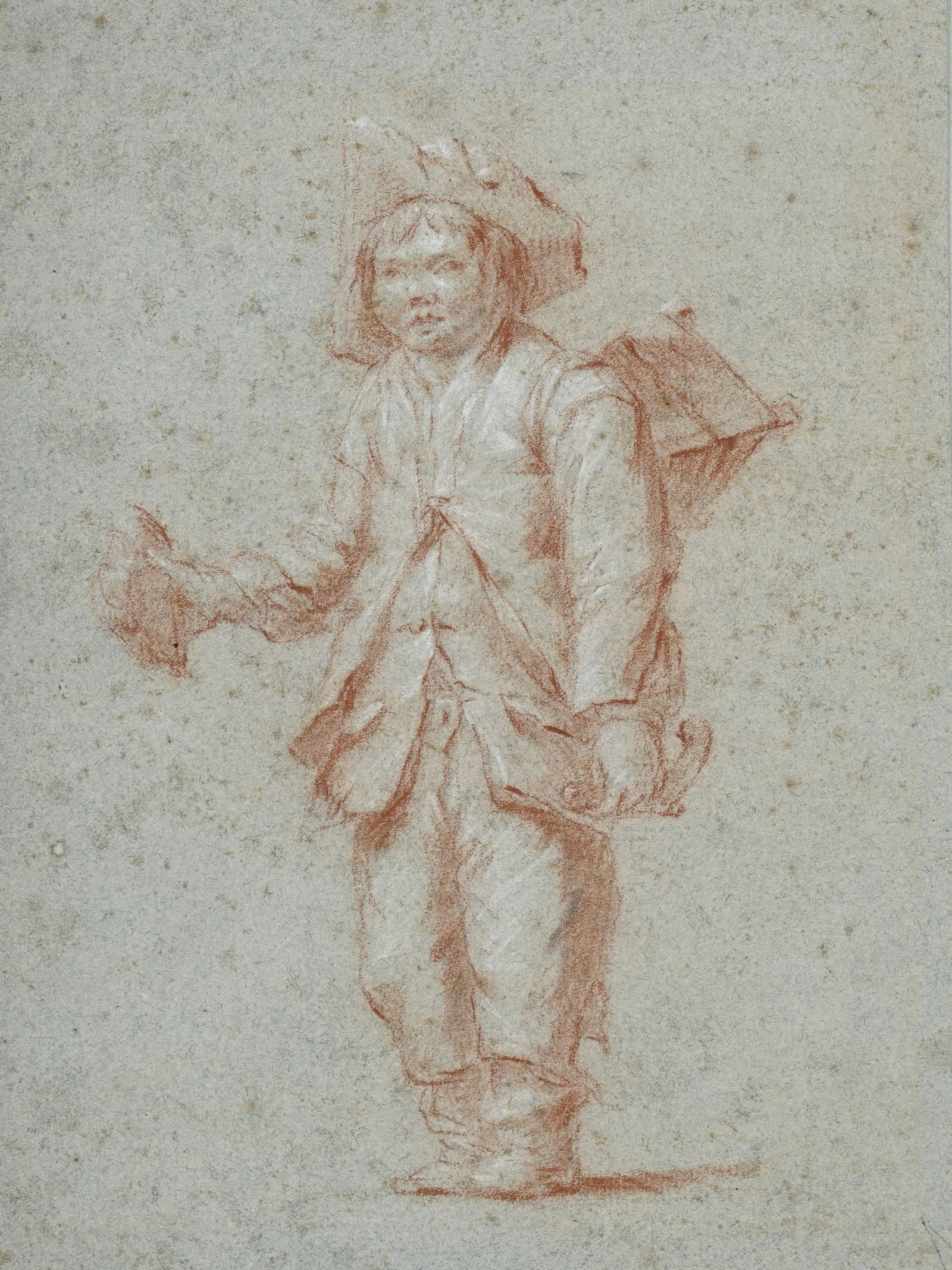 Ecole hollandaise du XVIIIe s., "Le petit vendeur d'oiseaux", sanguine rehaussée de blanc sur p: Ecole hollandaise du XVIIIe s., "Le petit vendeur d'oiseaux", sanguine rehaussée de blanc sur papier bleu-gris, 24x17,5 cm Au verso: Étiquette de la Galerie de Loës, Genève