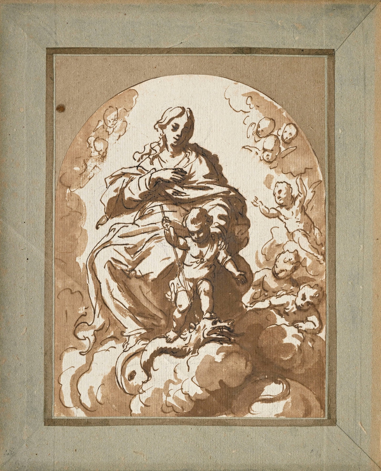Ecole italienne du XVIIIe s., "La _Vierge à l’Enfant terrassant le Dragon",_ plume, encre: Ecole italienne du XVIIIe s., "La Vierge à l’Enfant terrassant le Dragon", plume, encre et lavis sur papier, 20,5x15,5 cm (à vue) Provenance: Galerie de Loës, Genève